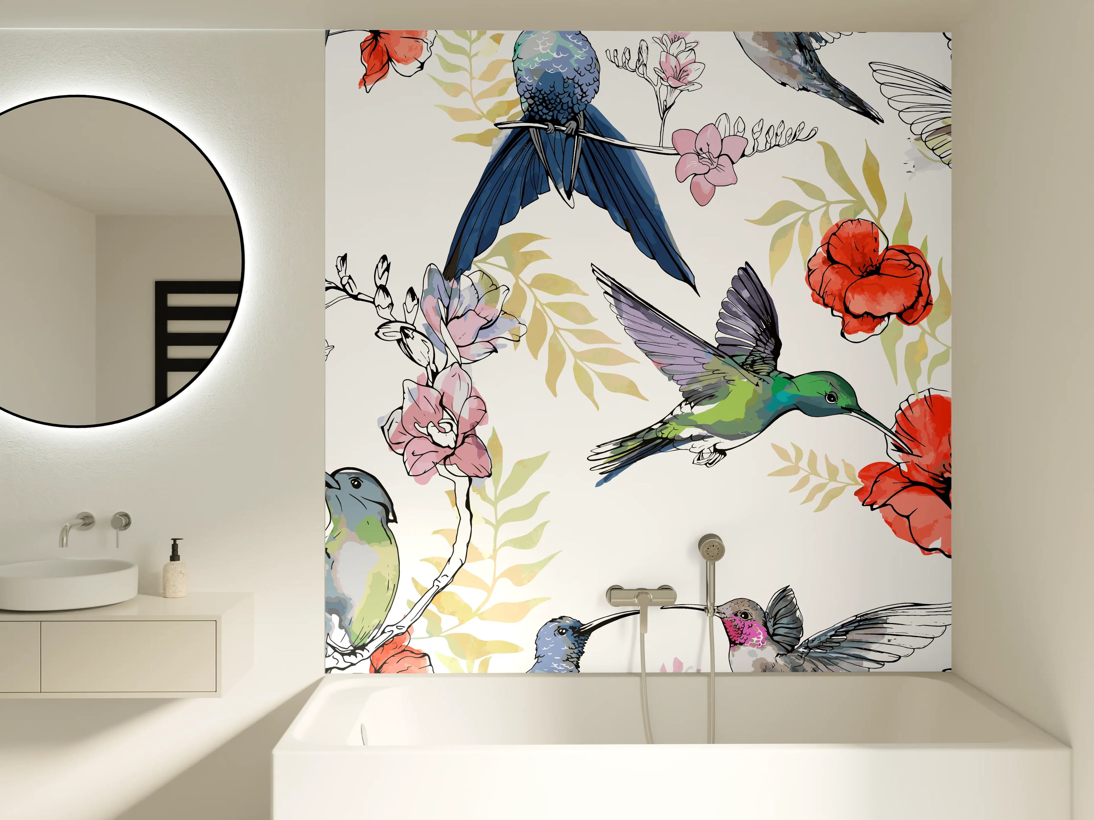 Badewannen-Rückwand - Kolibri-Blumen-Muster Textil