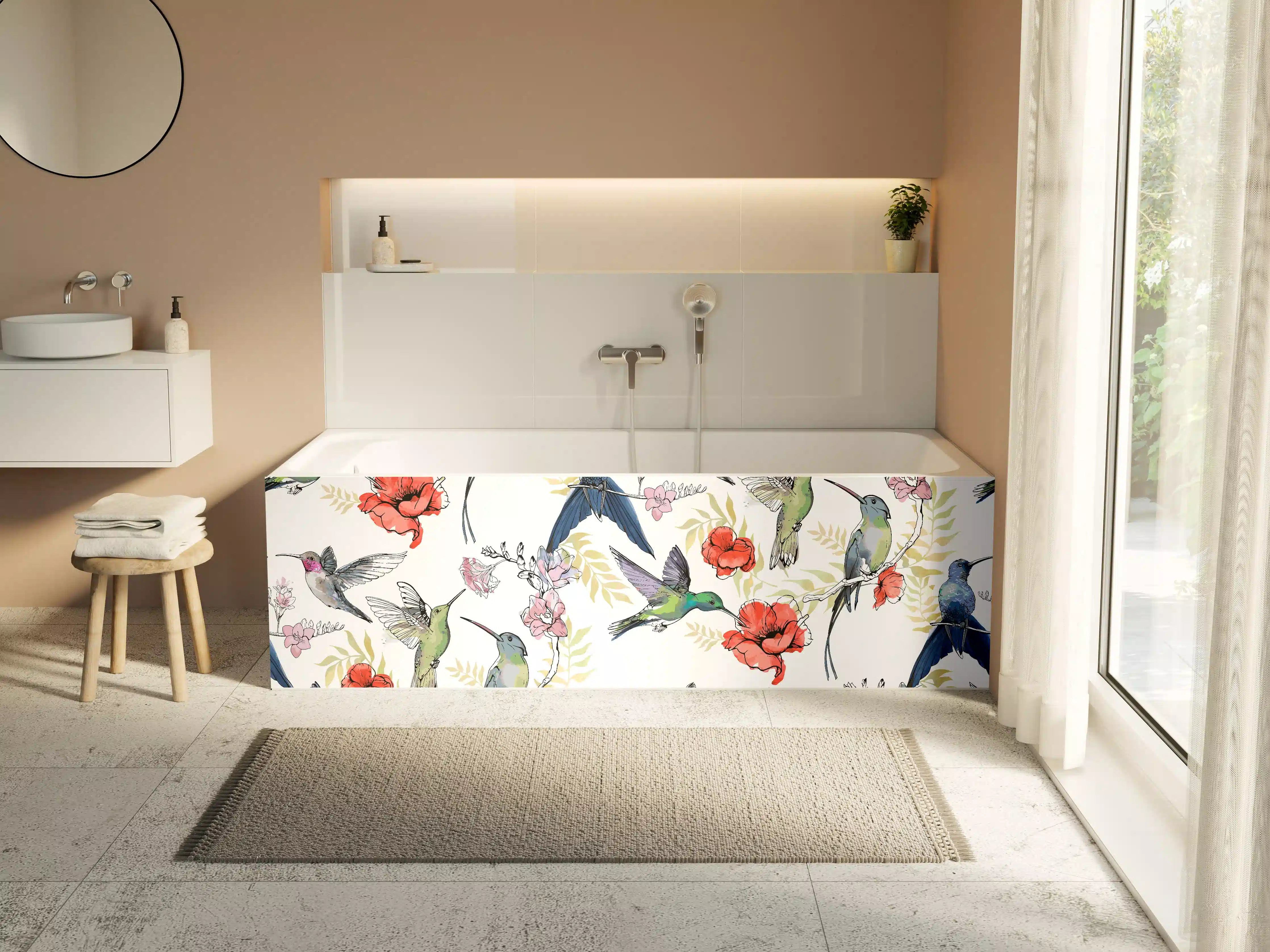 Badewannen-Rückwand - Kolibri-Blumen-Muster Textil