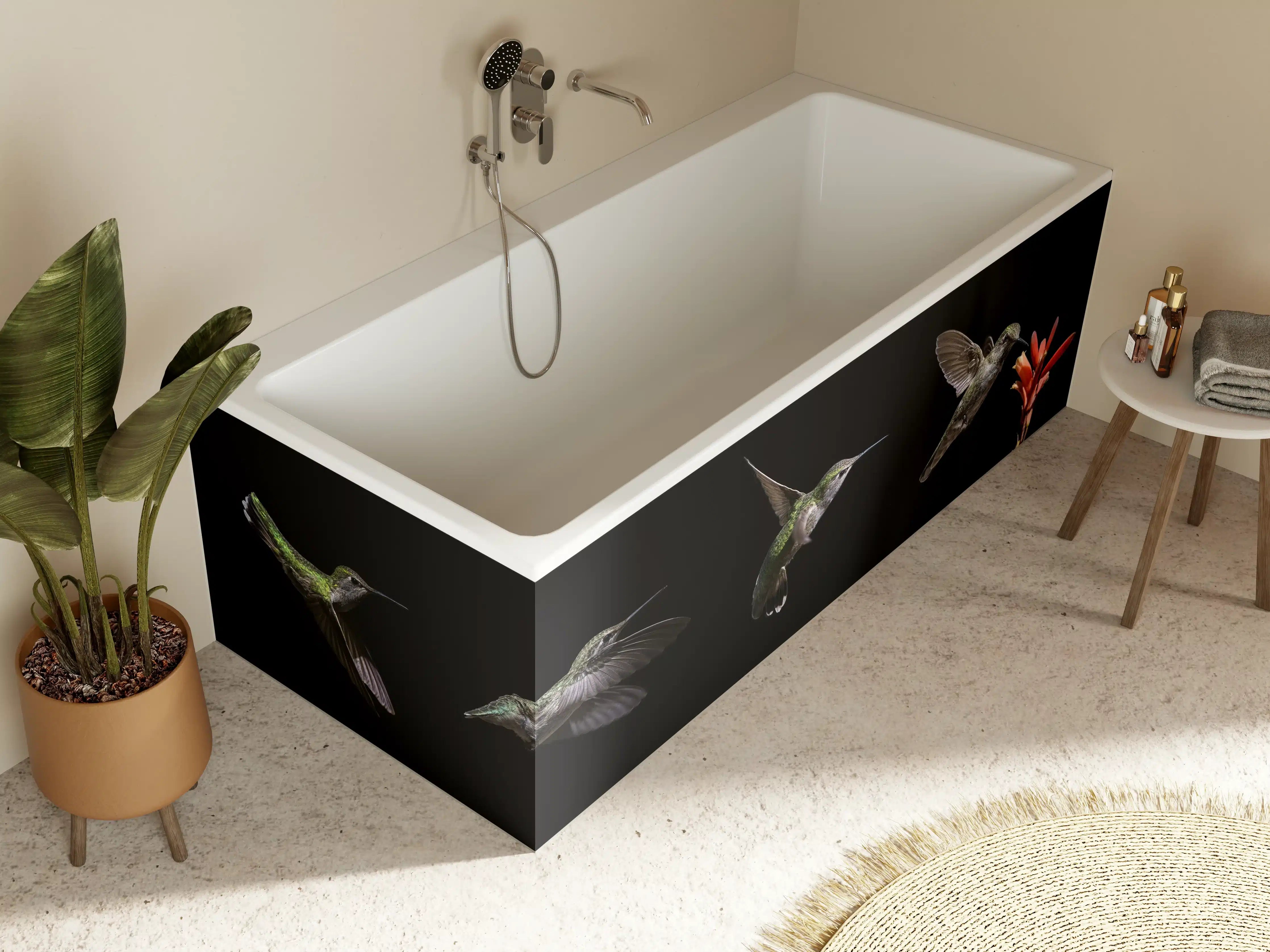 Badewannen-Rückwand - Kolibri beim Fressen der Aloe Vera-Blüte