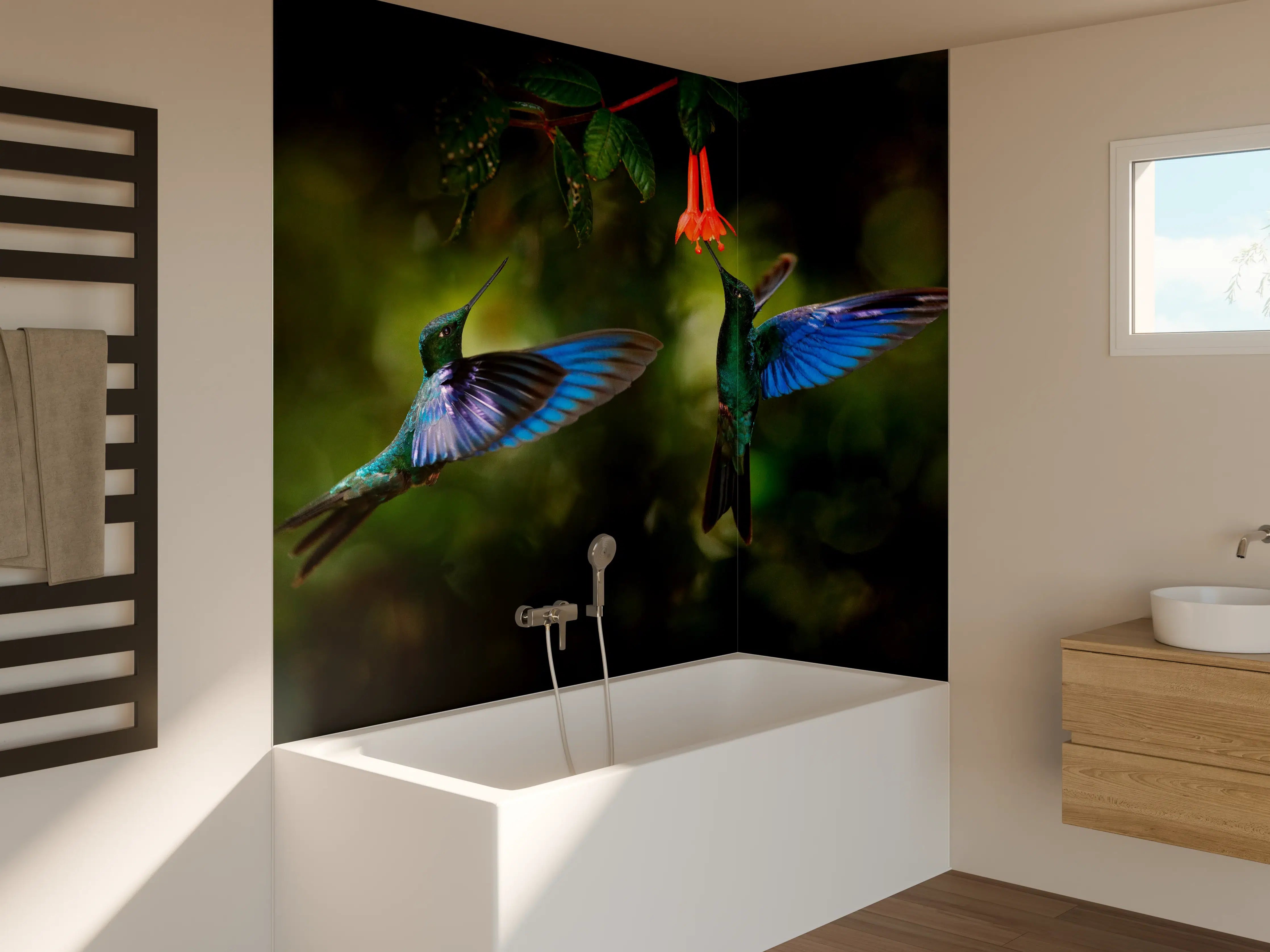 Badewannen-Rückwand - Kolibris an der Blüte