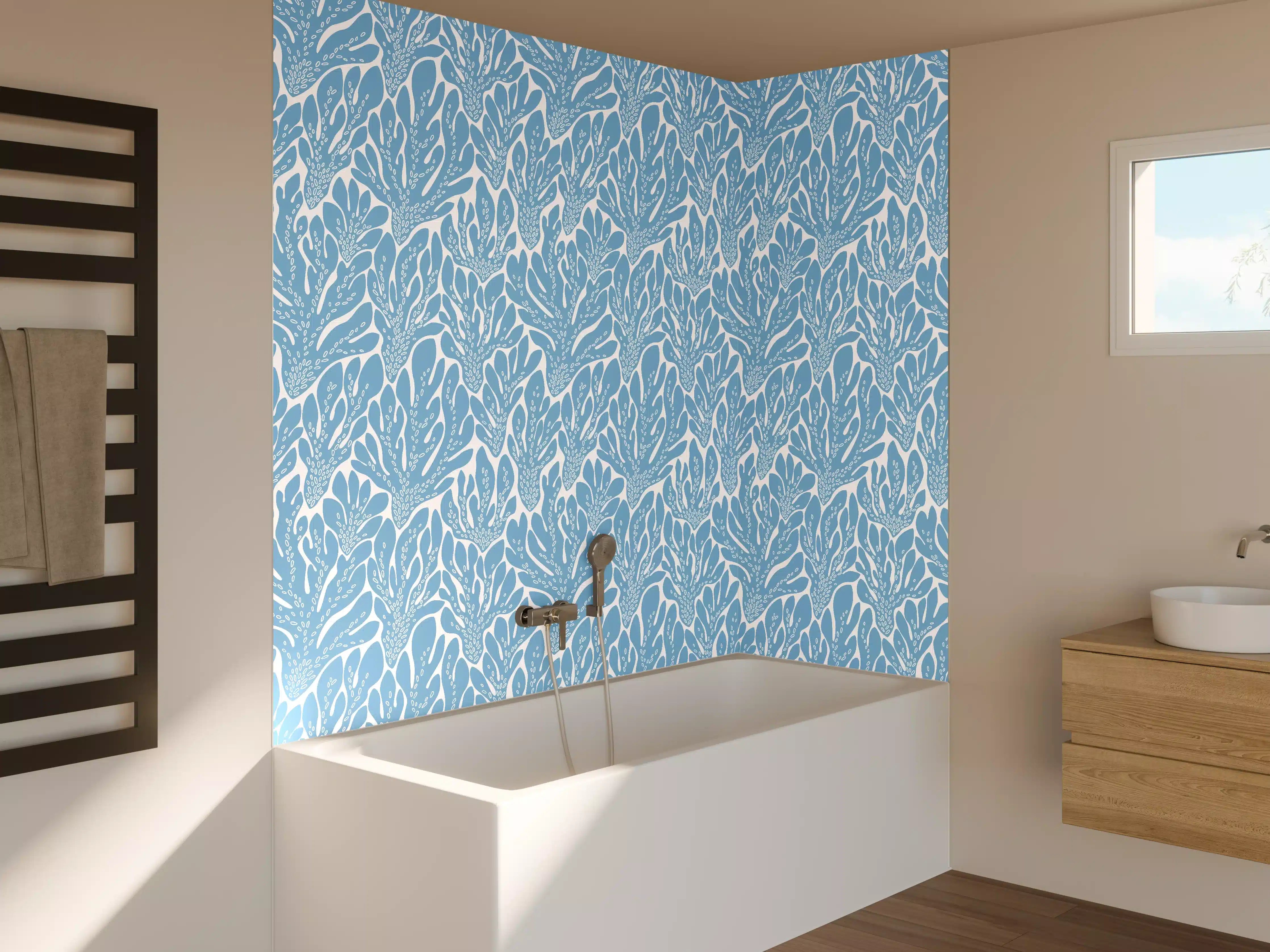 Badewannen-Rückwand - Korallen-Abstract Blau-Weiß