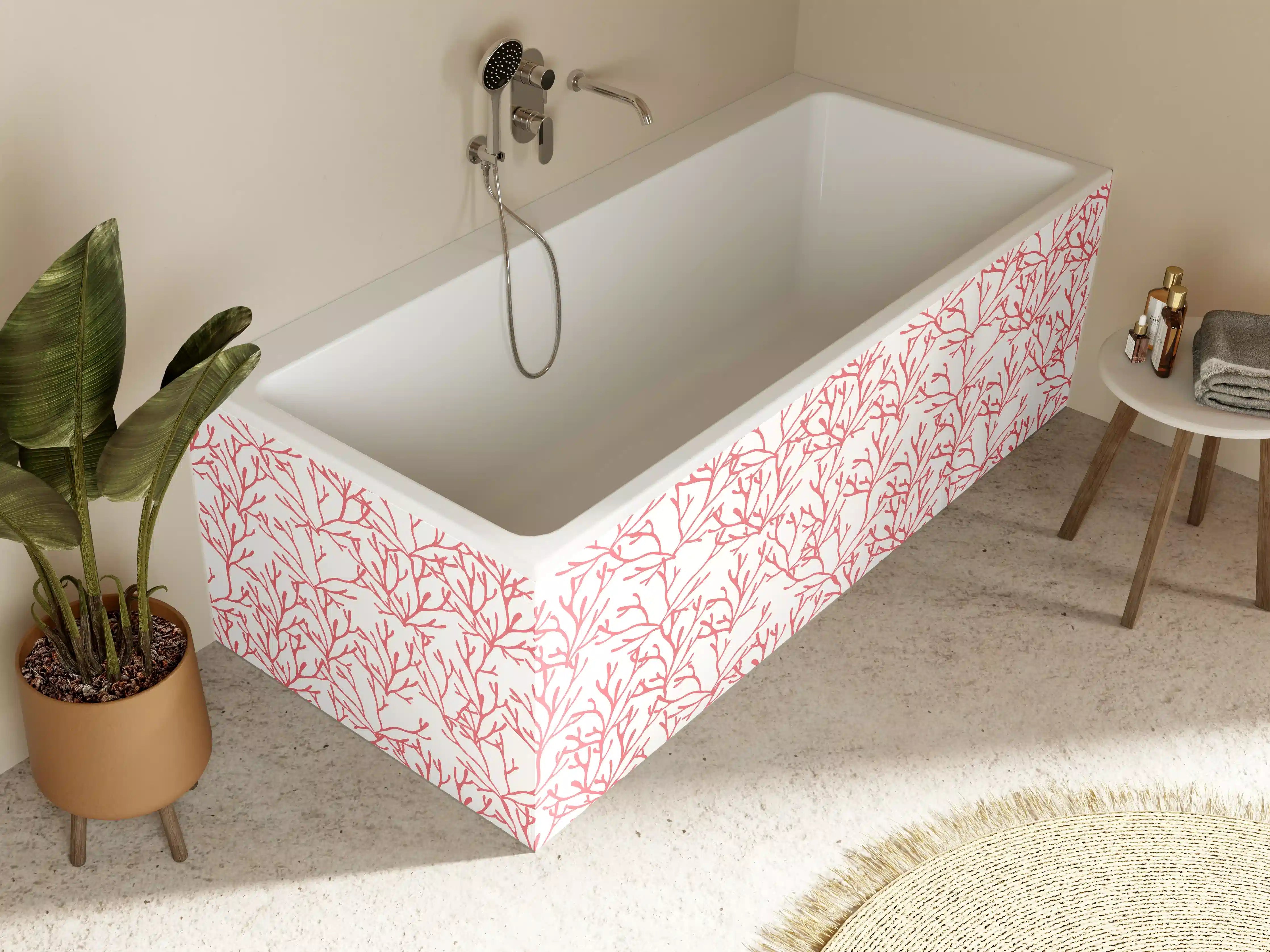 Badewannen-Rückwand - Korallenmuster Rosa auf Weiß