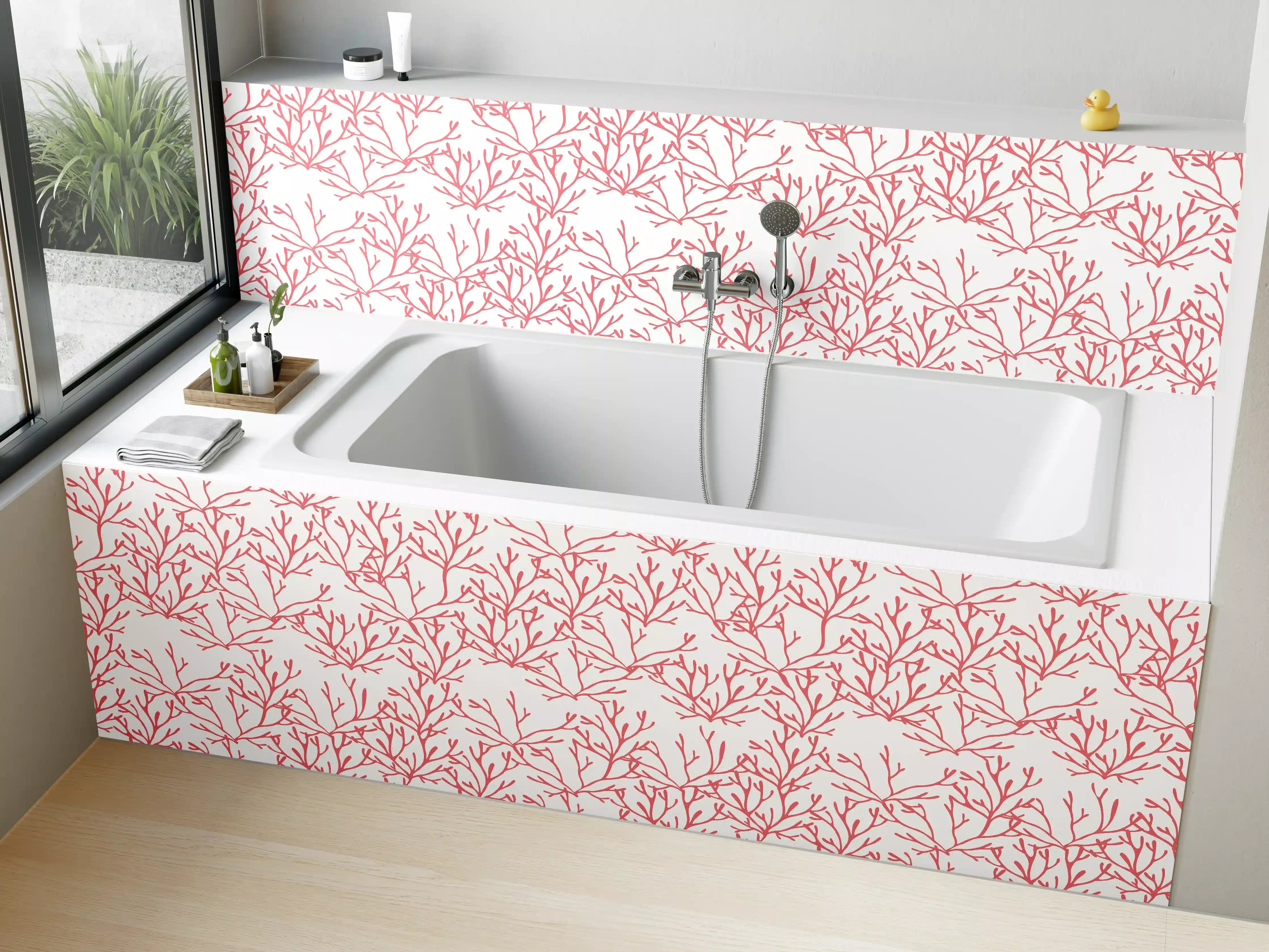Badewannen-Rückwand - Korallenmuster Rosa auf Weiß