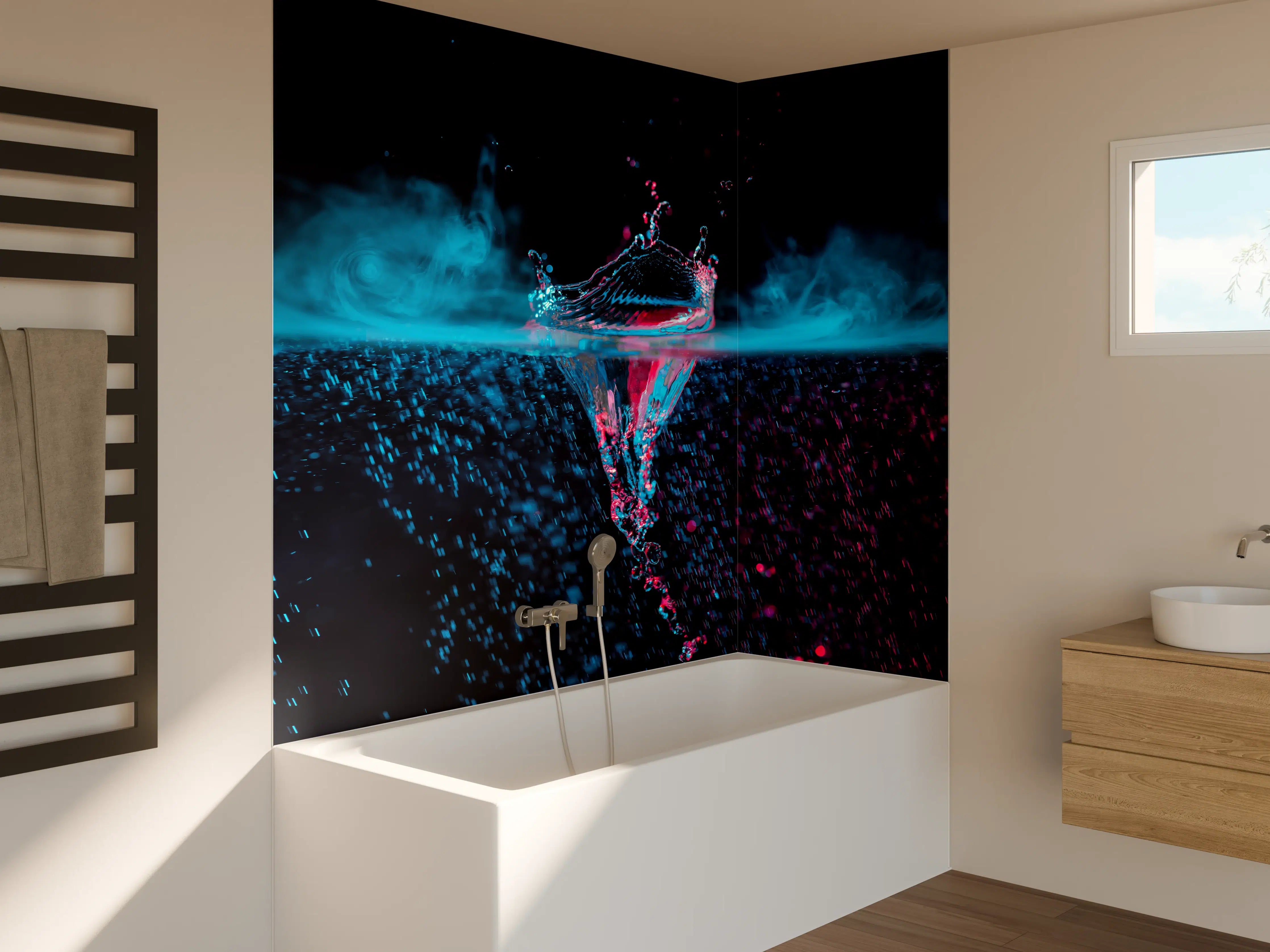 Badewannen-Rückwand - Krone Wasserspritzer mit blauem Rauch über Wasser