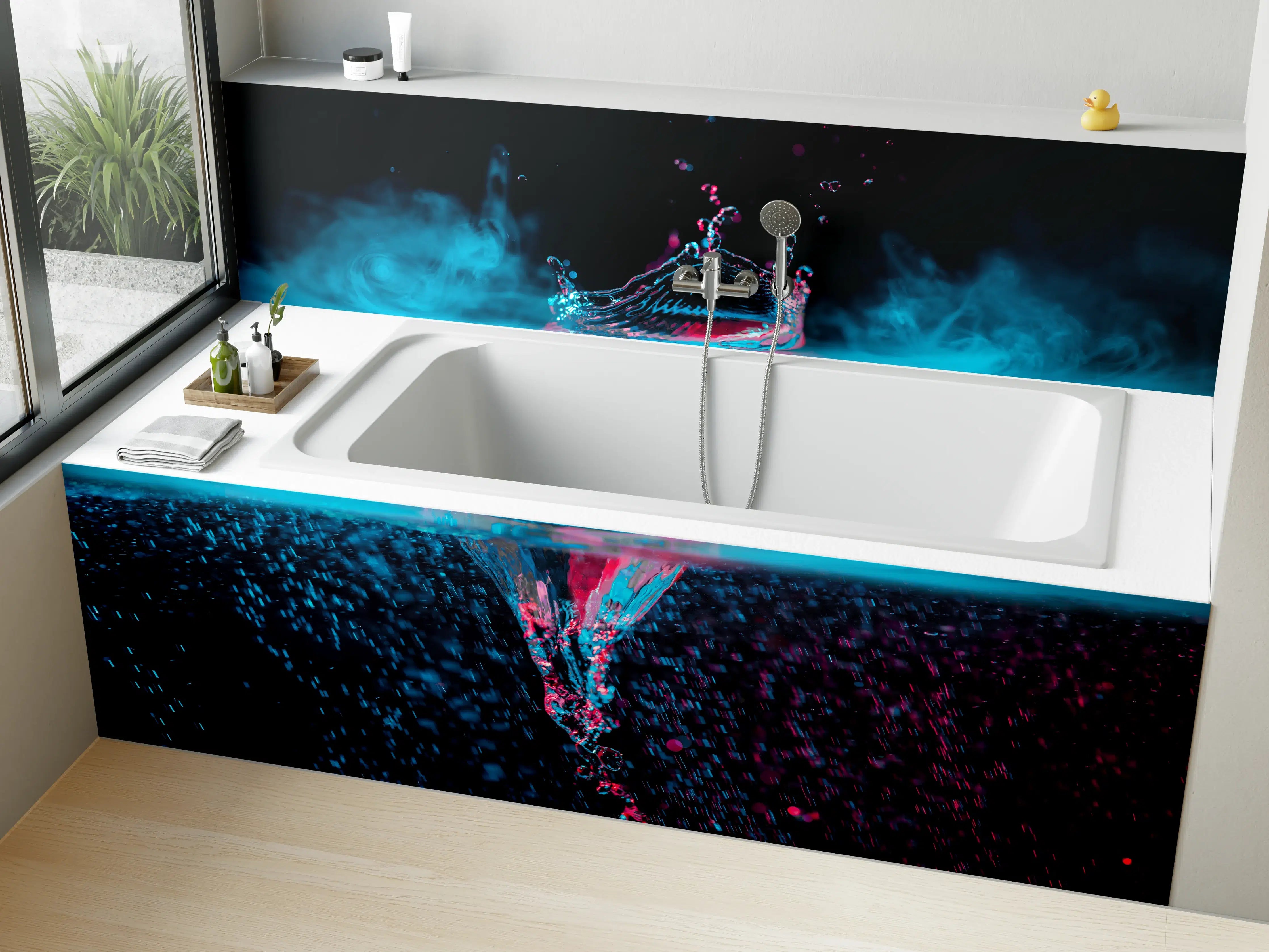 Badewannen-Rückwand - Krone Wasserspritzer mit blauem Rauch über Wasser
