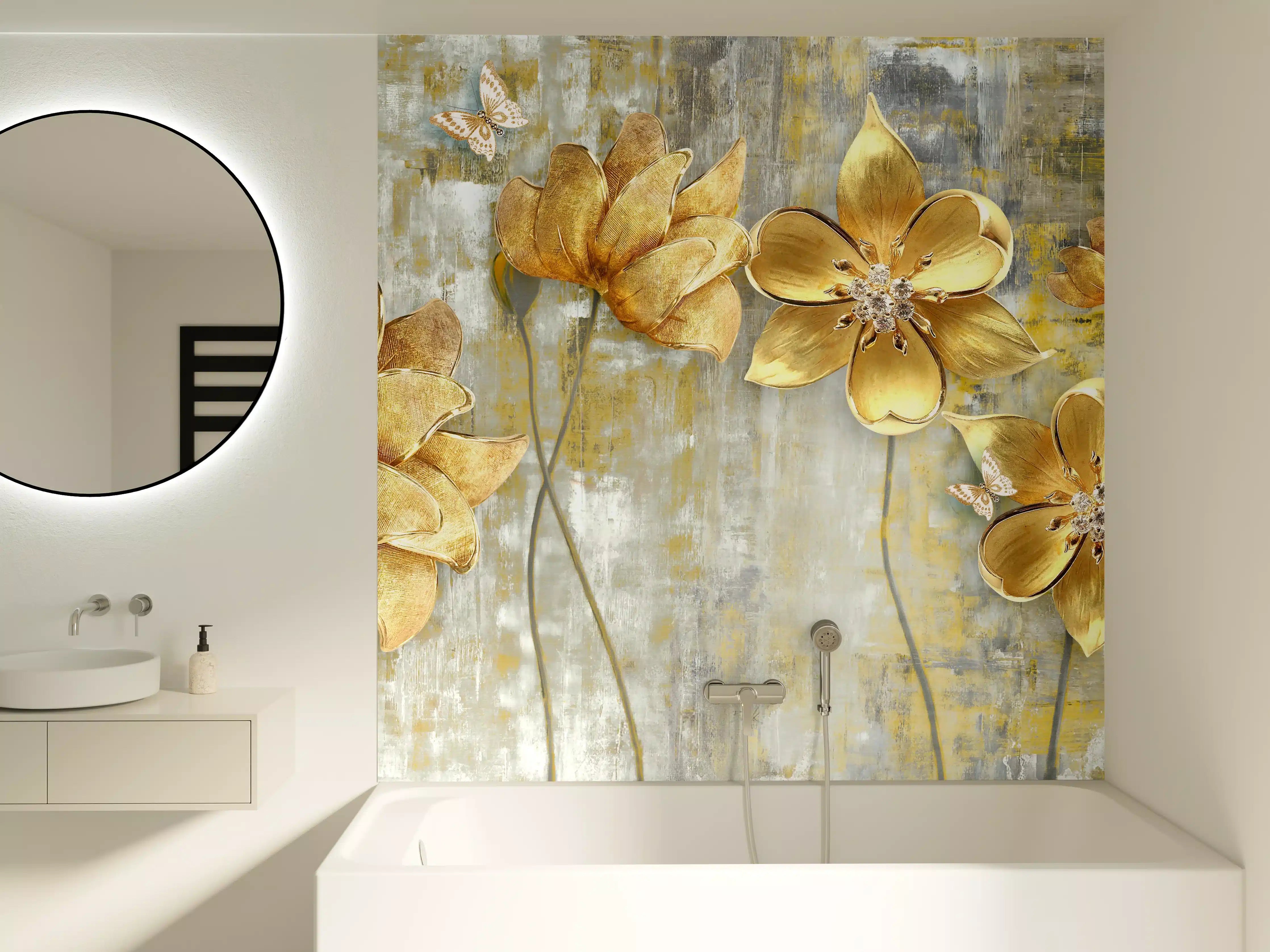 Badewannen-Rückwand - Künstlerische Blattgold-Blumen