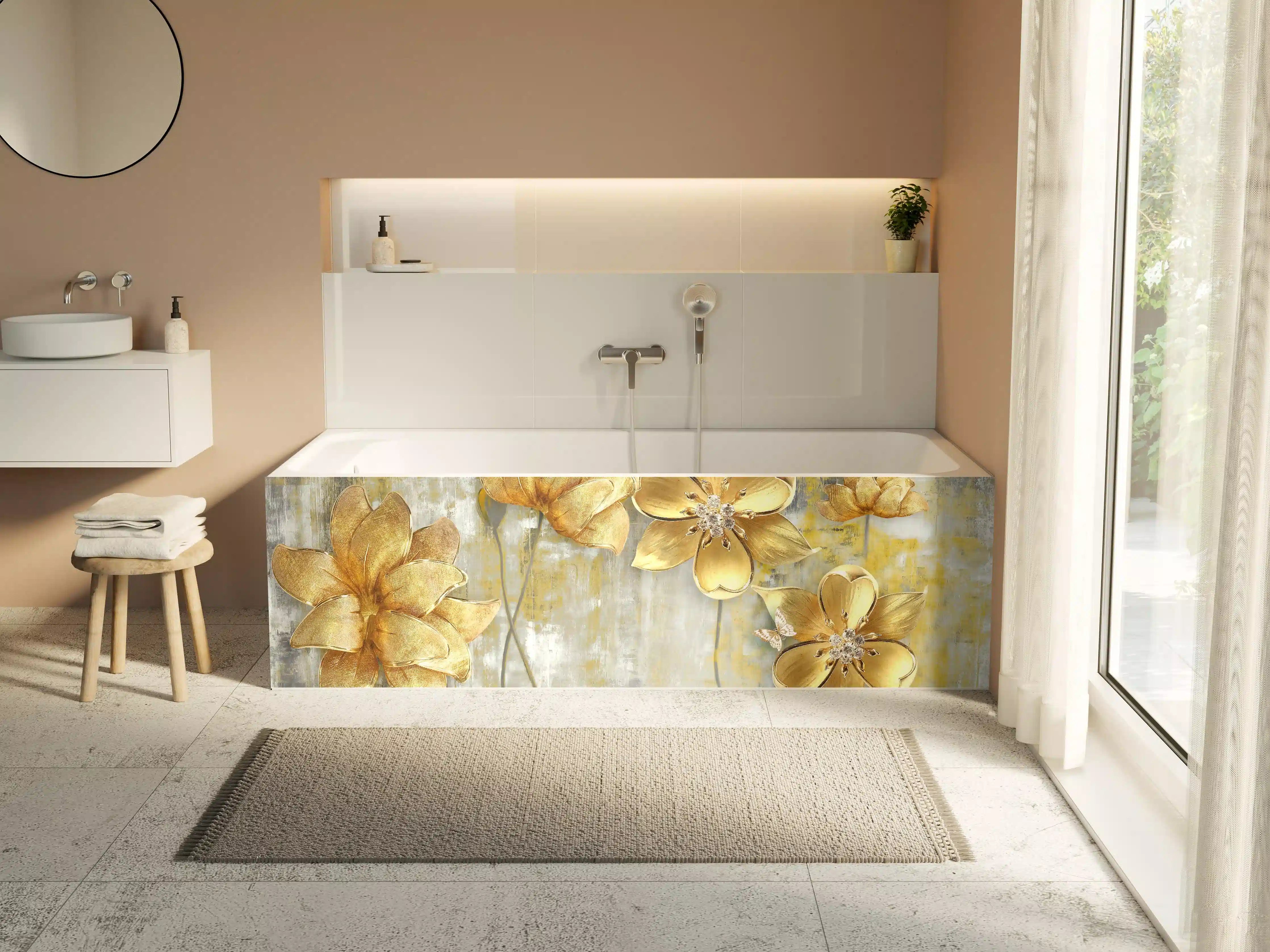Badewannen-Rückwand - Künstlerische Blattgold-Blumen