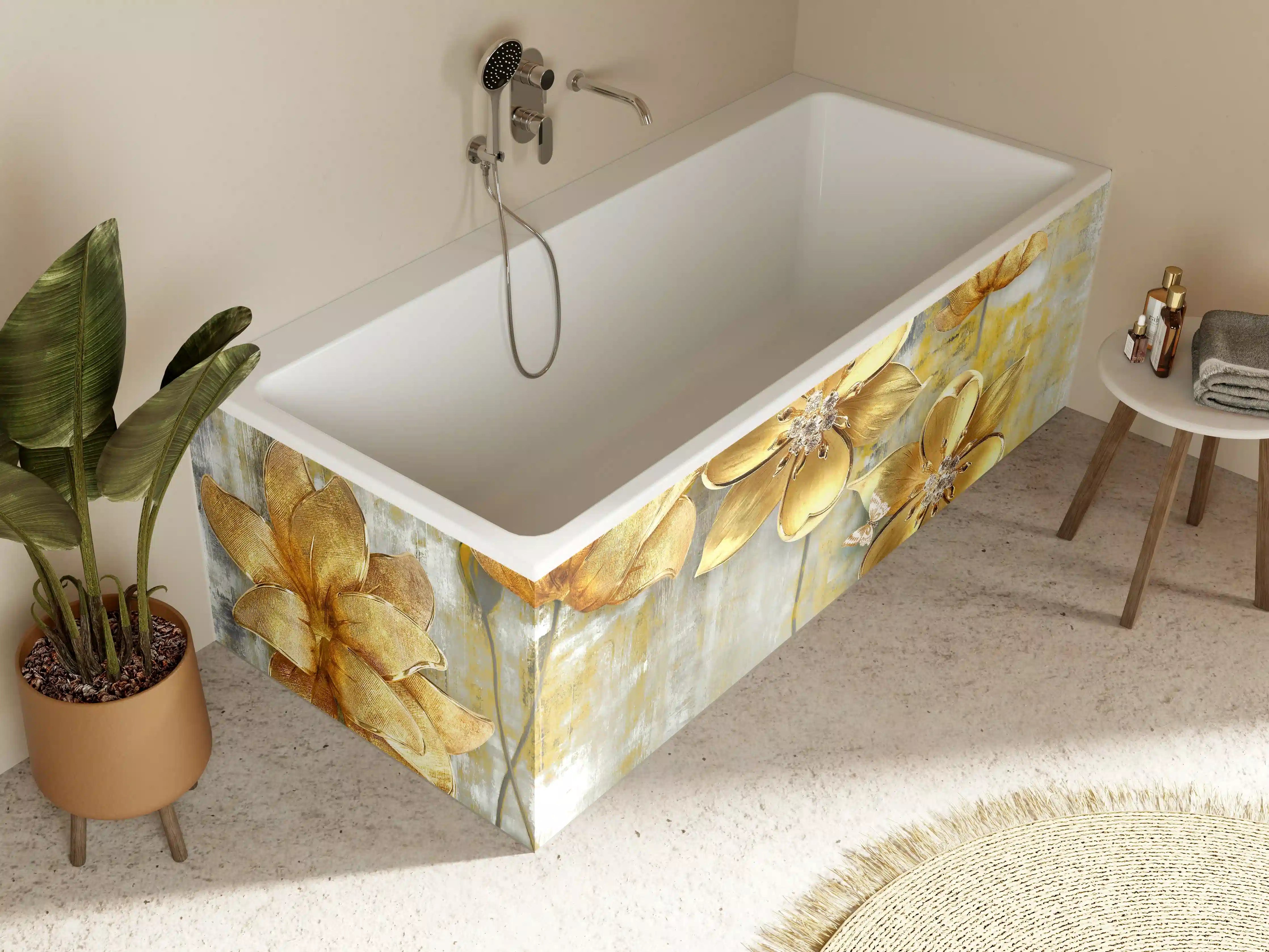 Badewannen-Rückwand - Künstlerische Blattgold-Blumen