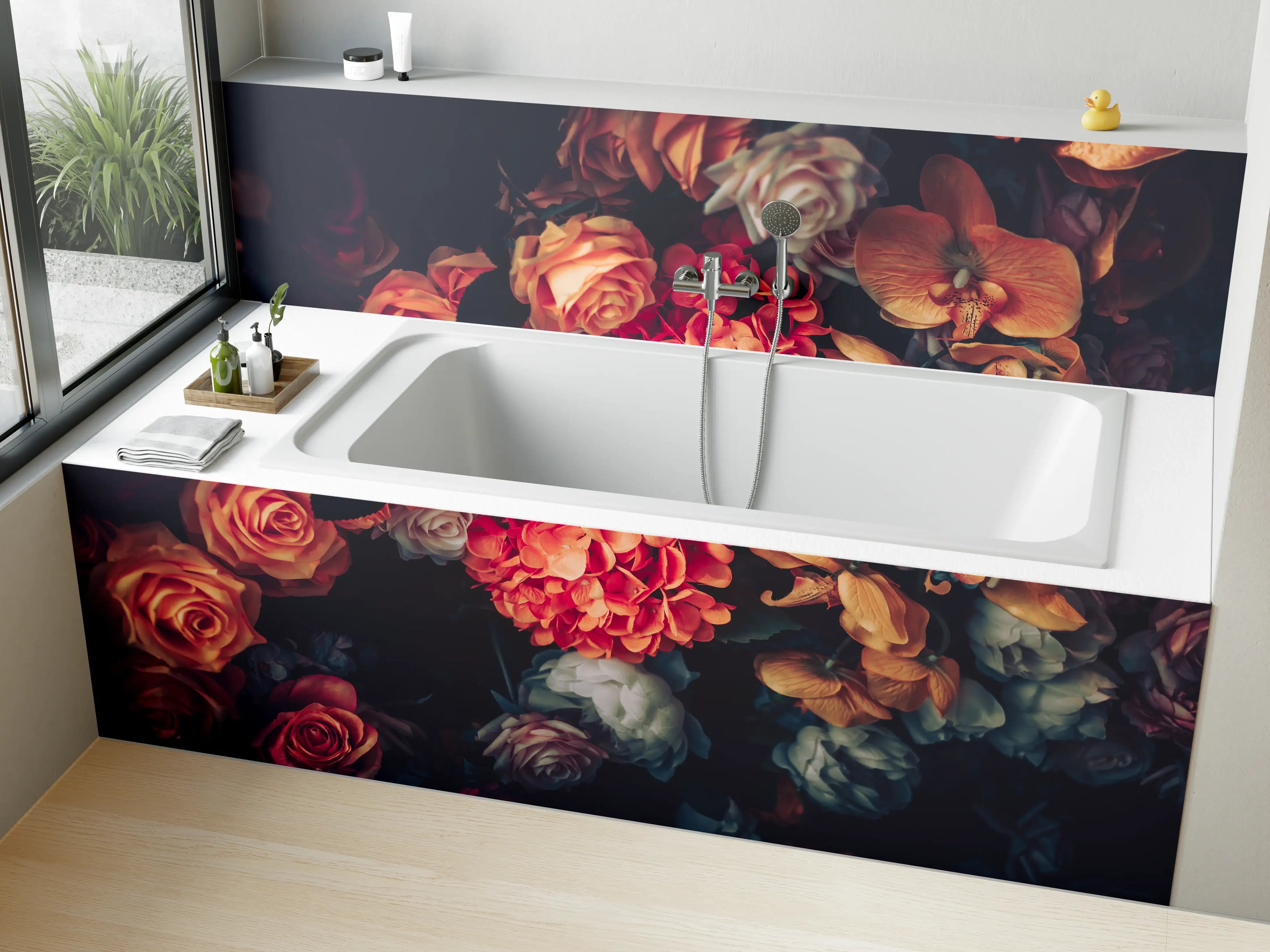Badewannen-Rückwand - Künstliche Blumen im Vintage-Stil - Matt
