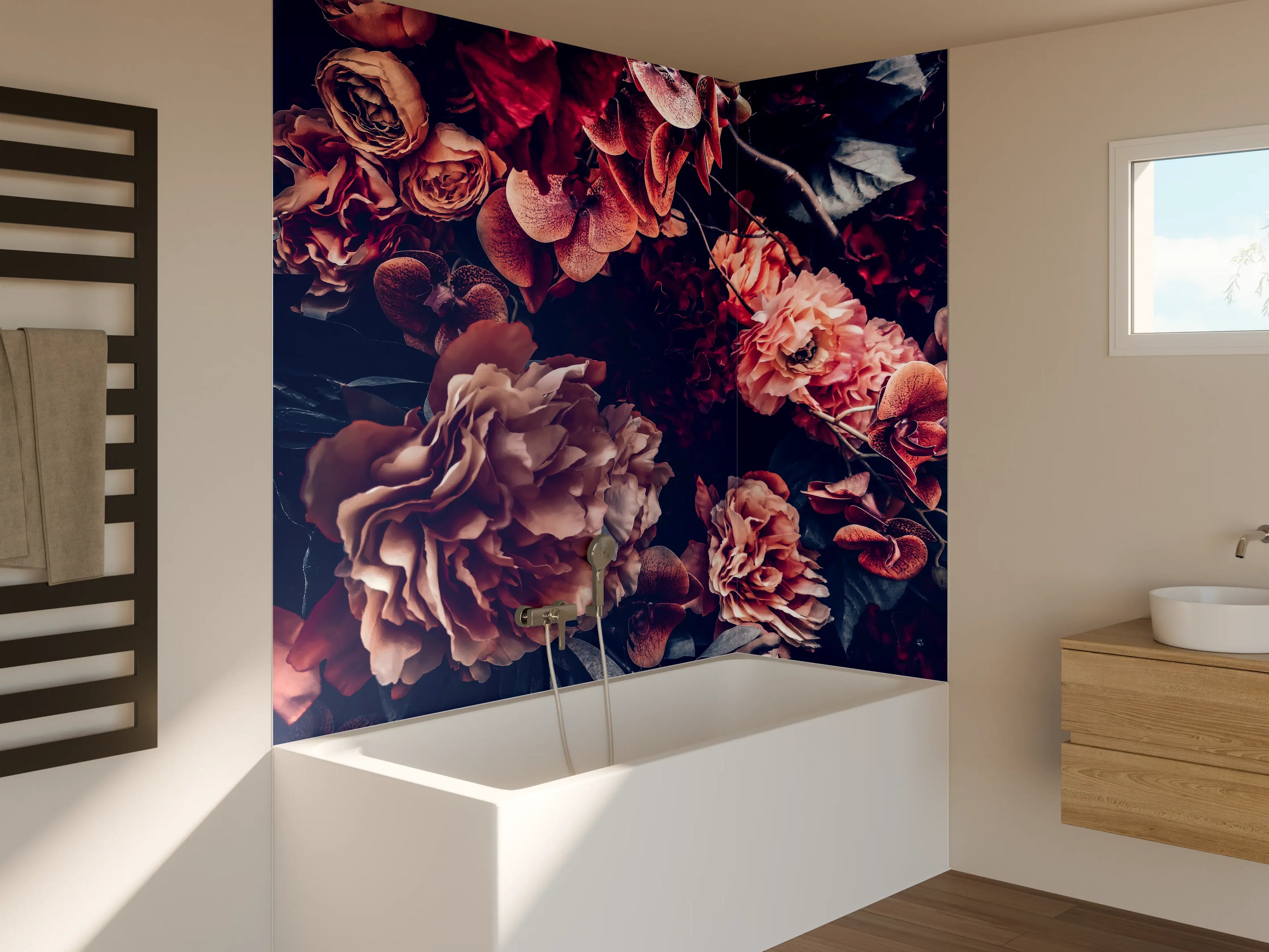 Badewannen-Rückwand - Künstliche Blumen im Vintage-Stil