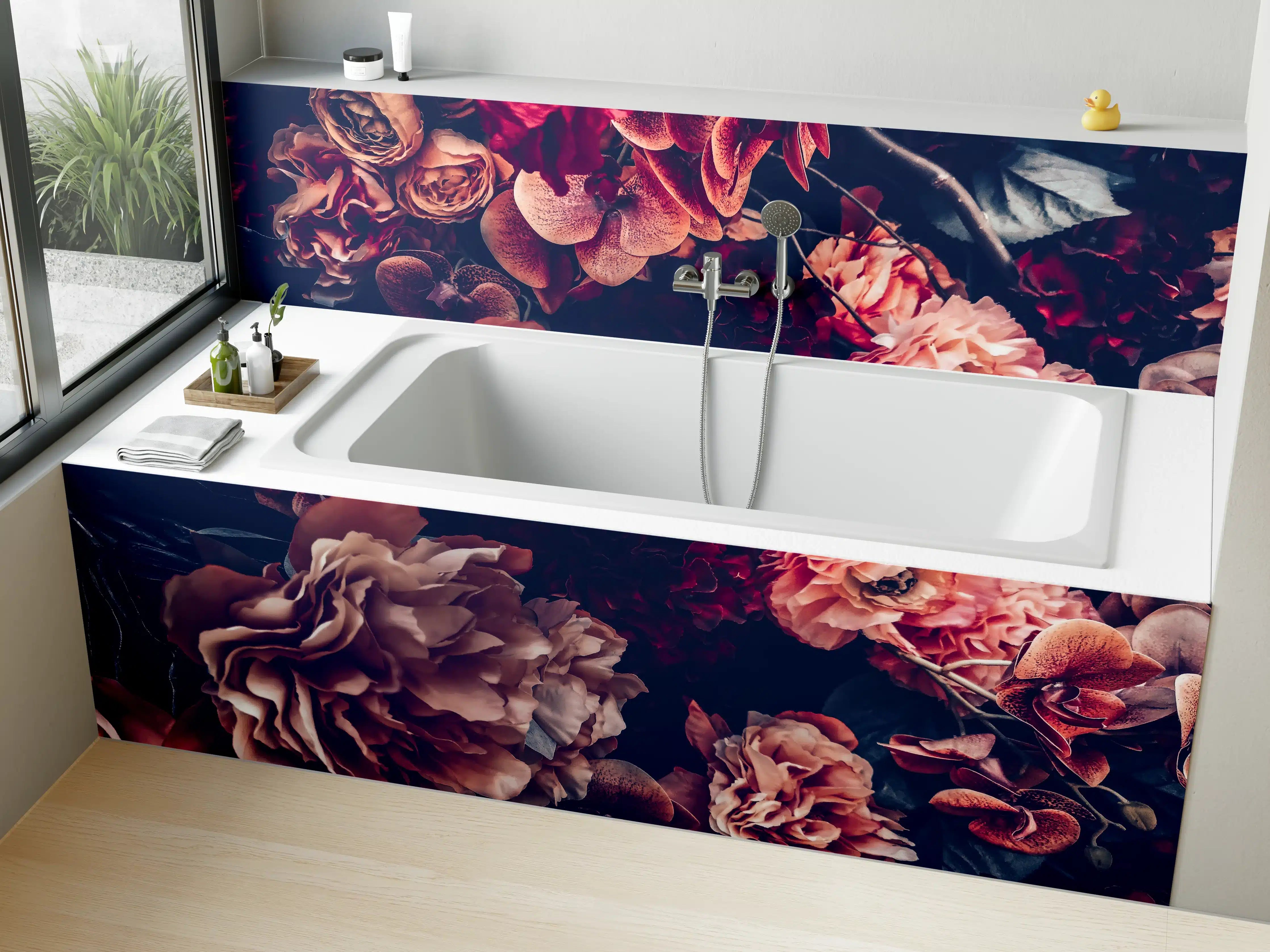 Badewannen-Rückwand - Künstliche Blumen im Vintage-Stil