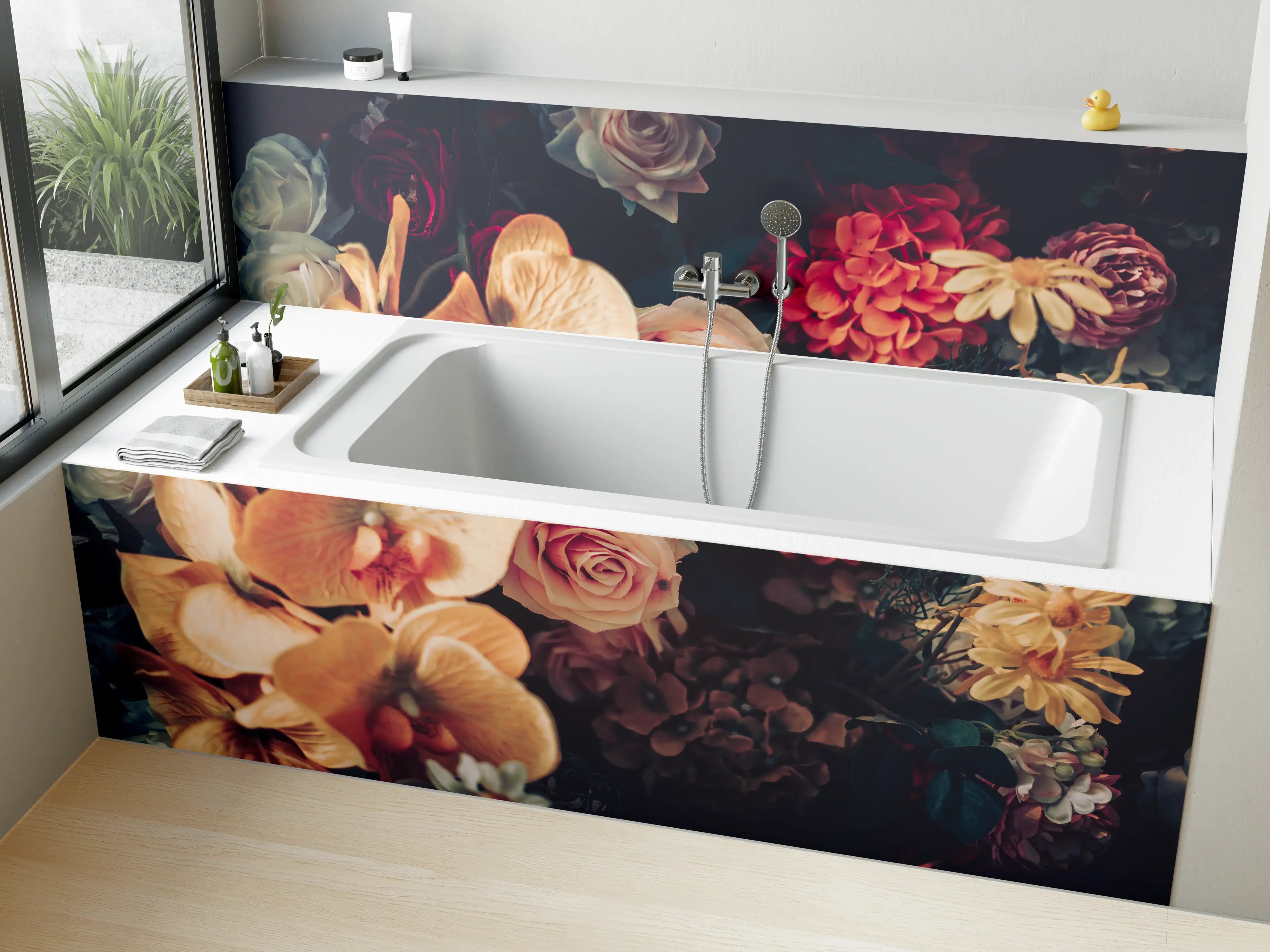 Badewannen-Rückwand - Künstliche Sommerblumen im Vintage-Stil