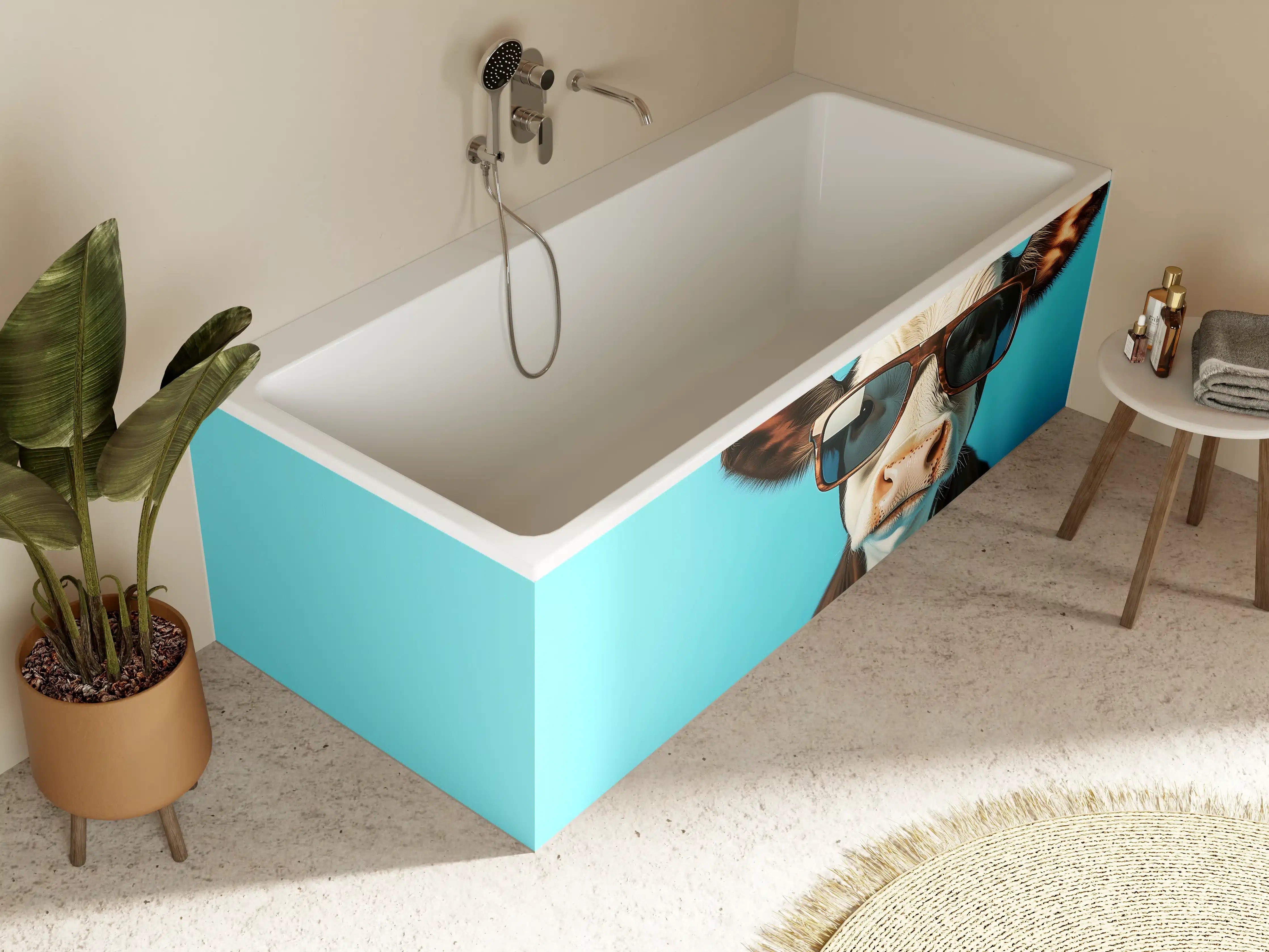 Badewannen-Rückwand - Kuh mit Sonnenbrille, Türkis