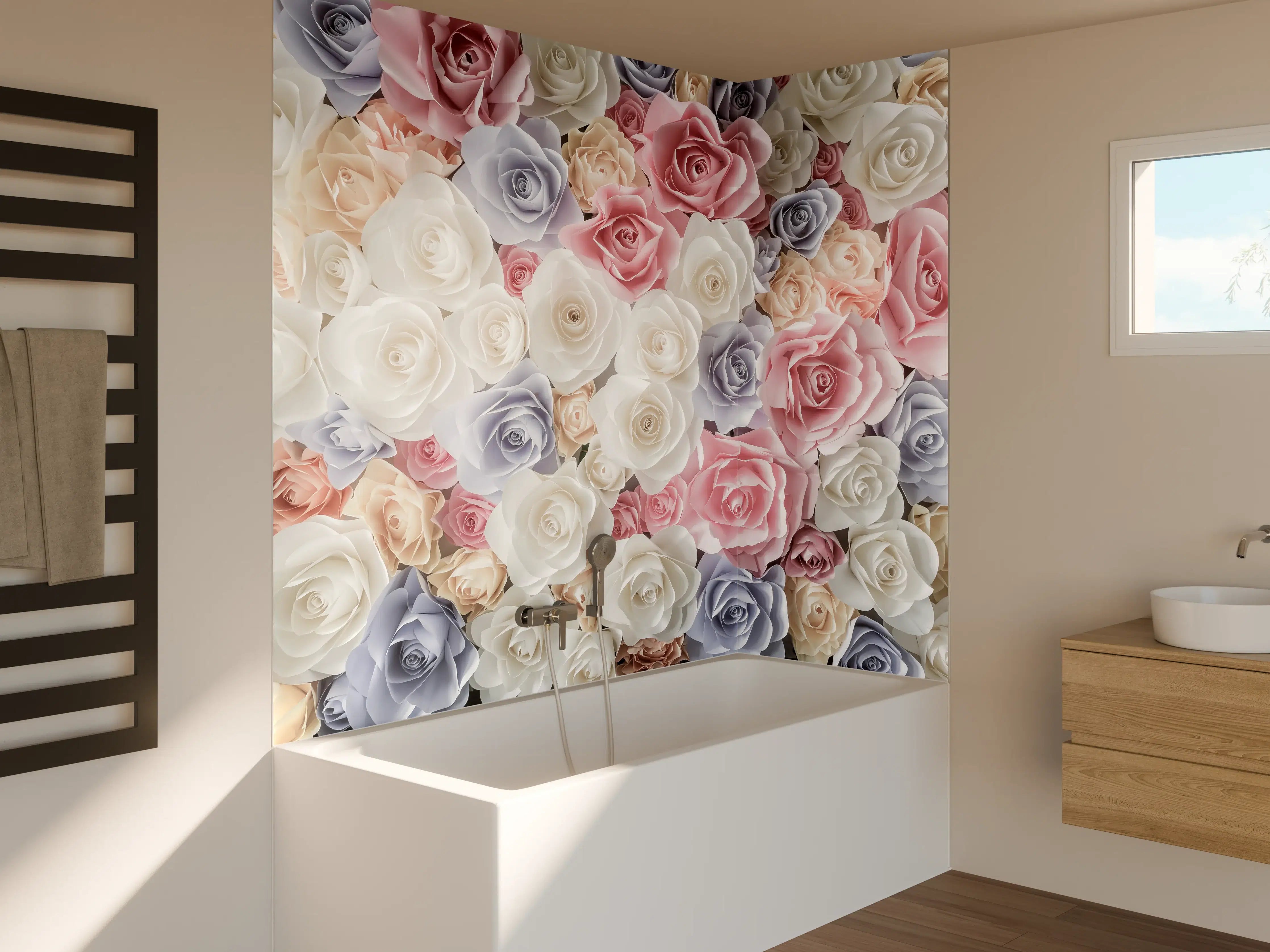 Badewannen-Rückwand - Kulisse aus bunten Papierrosen