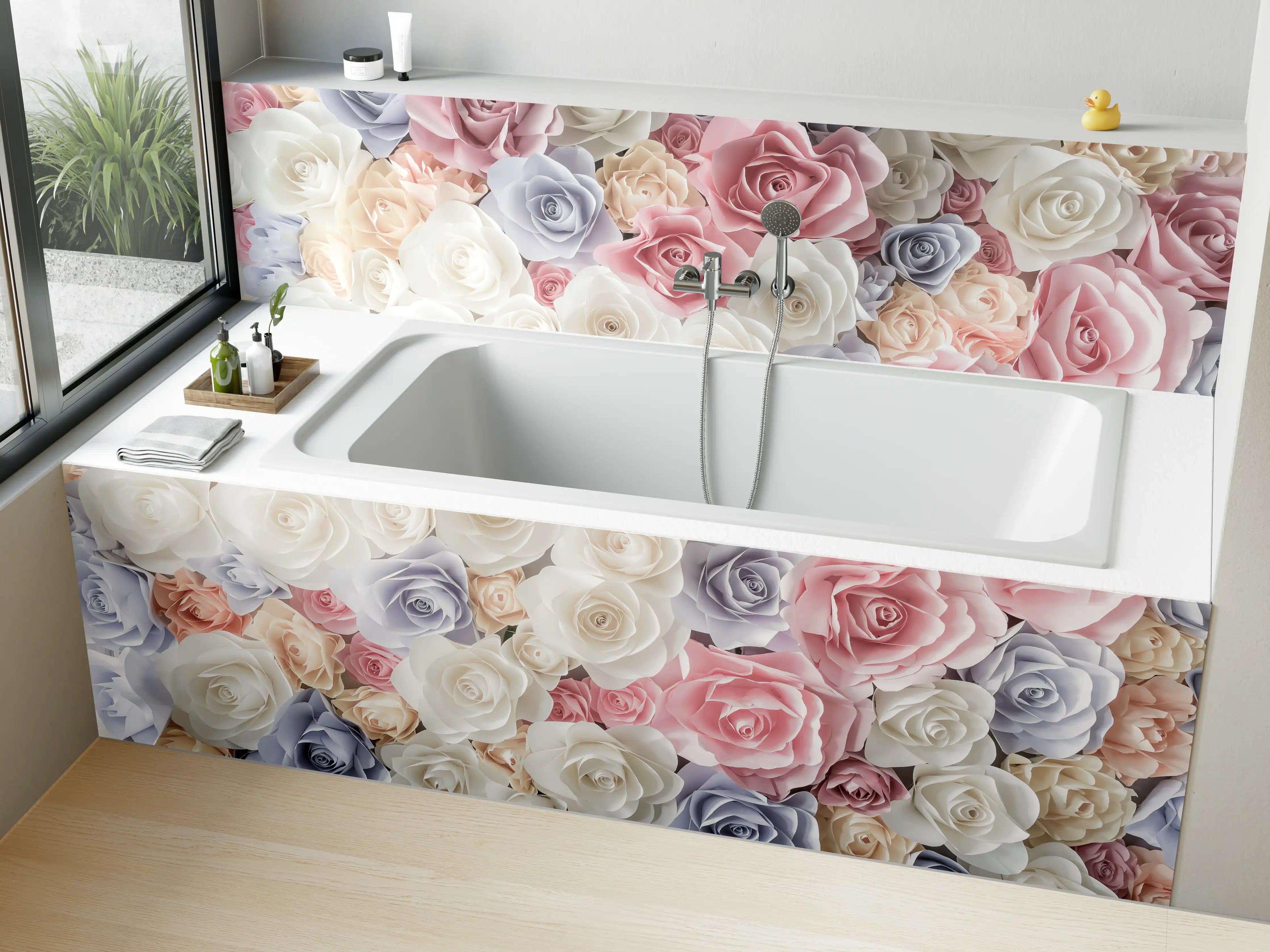 Badewannen-Rückwand - Kulisse aus bunten Papierrosen