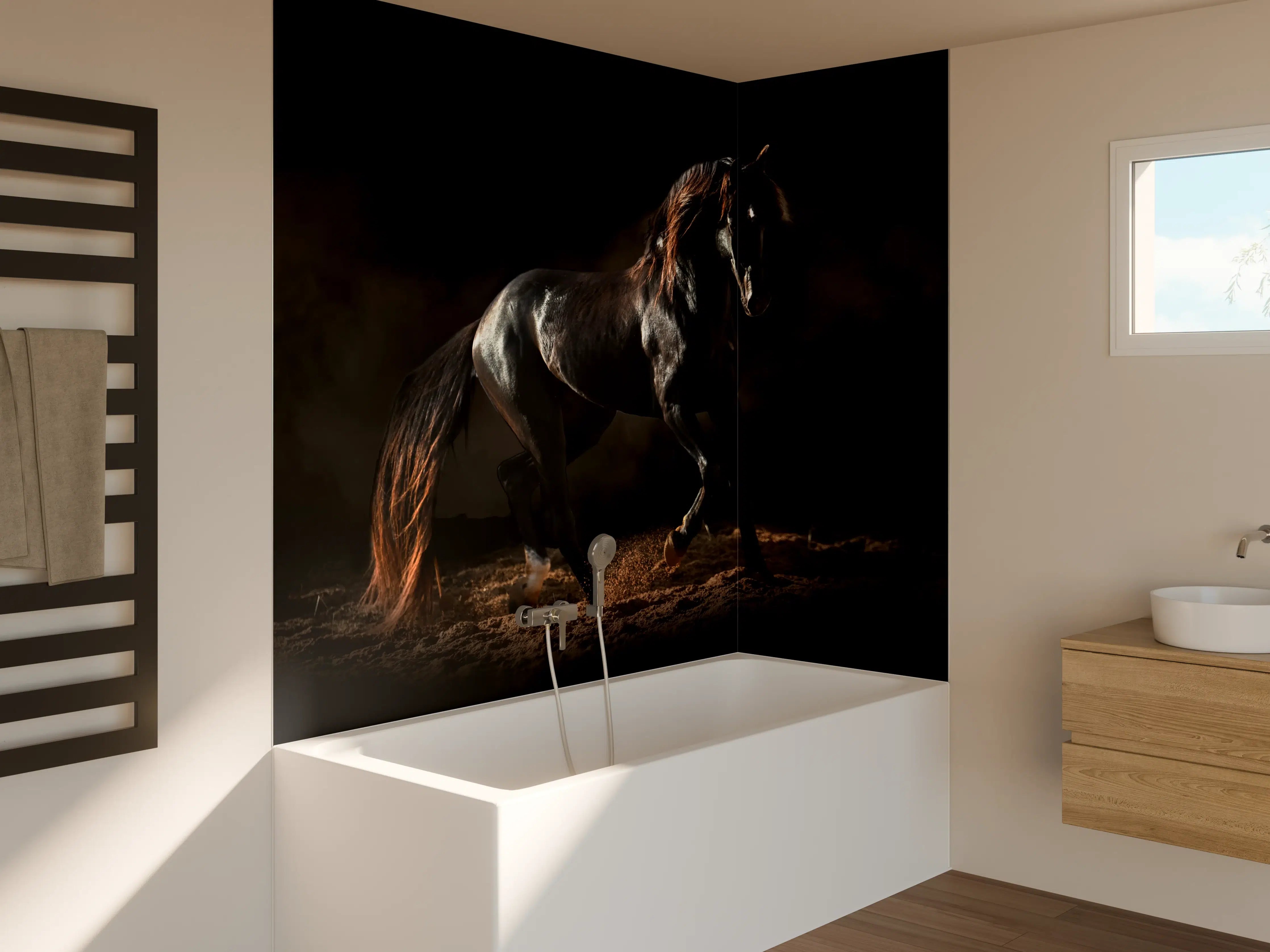 Badewannen-Rückwand - Kunstfoto eines schwarzen Pferdes