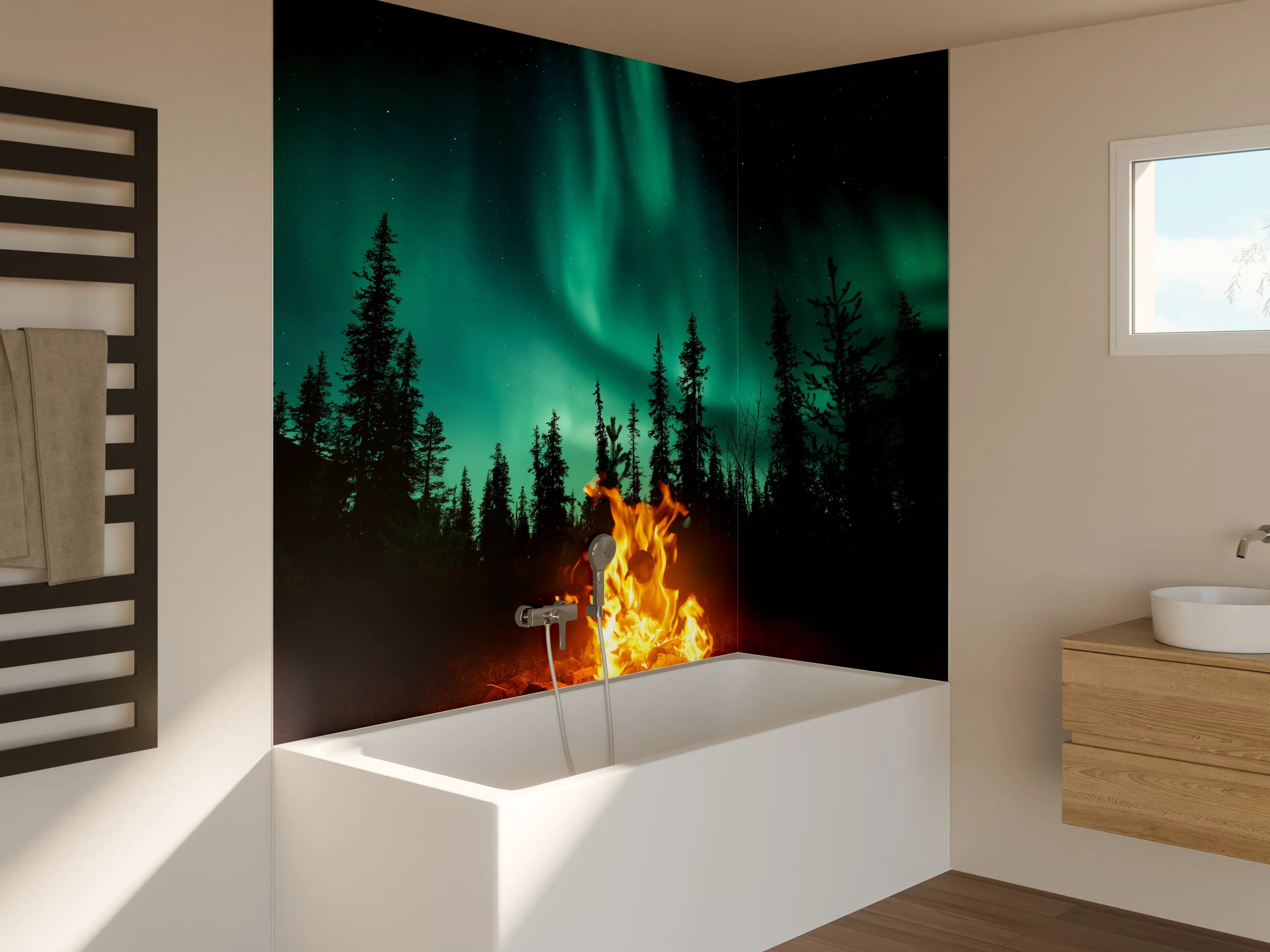 Badewannen-Rückwand - Lagerfeuer mit Nordlichtern in den Wäldern Schwedens