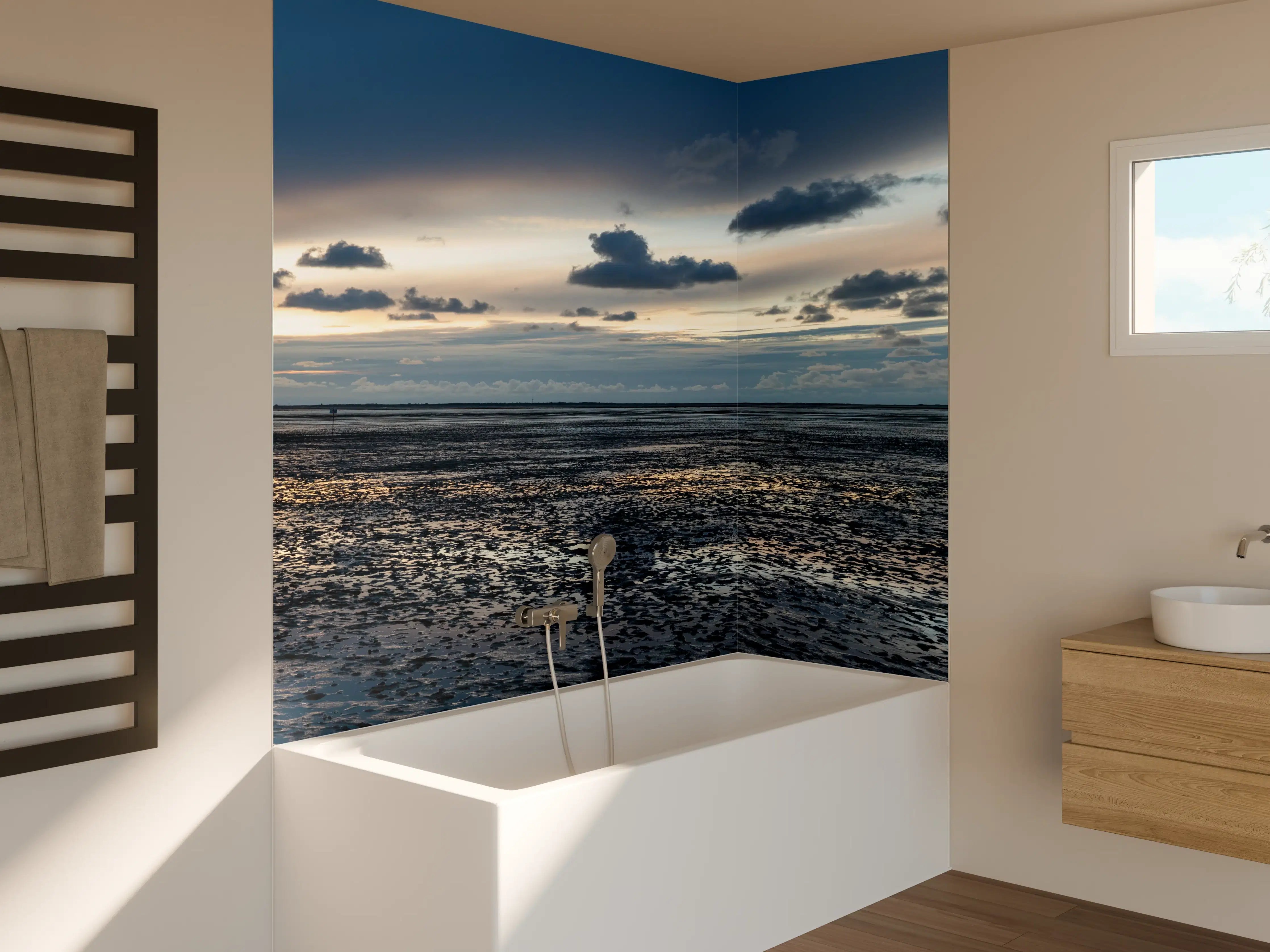 Badewannen-Rückwand - Landschaft am Meer bei Sonnenuntergang