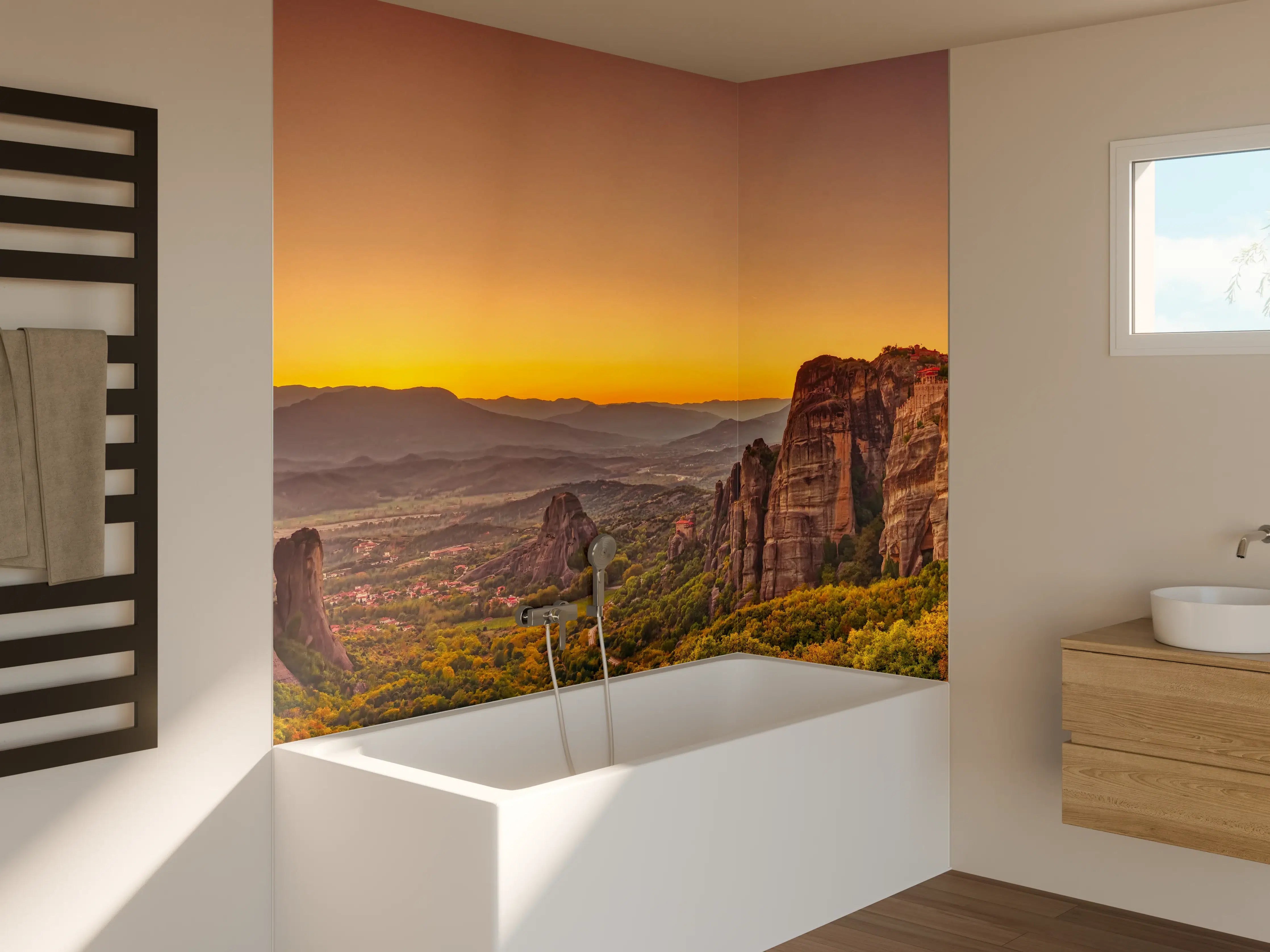 Badewannen-Rückwand - Landschaft mit Klöstern und Felsformationen