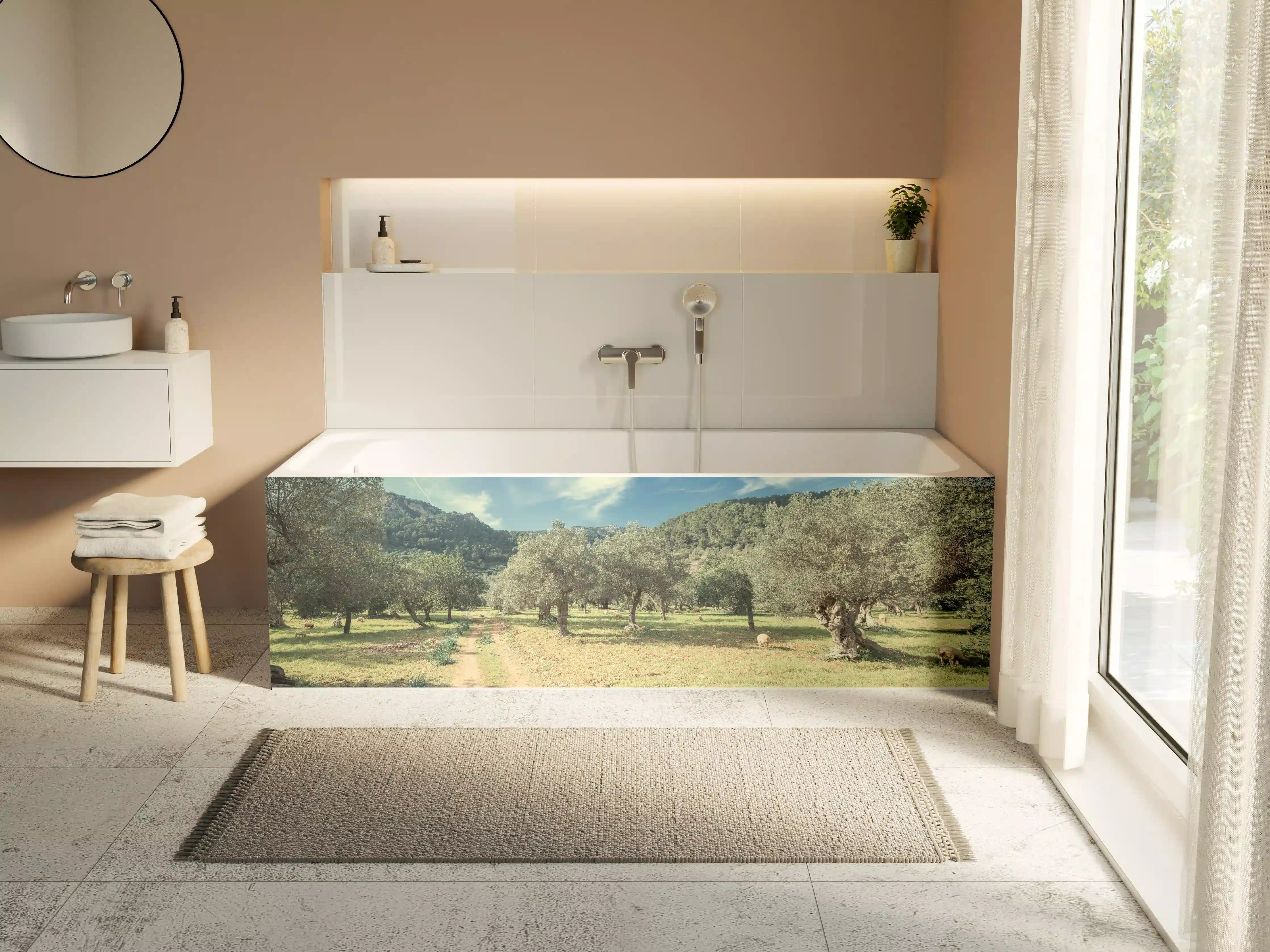 Badewannen-Rückwand - Landschaft mit Olivenbäumen und Bergkulisse