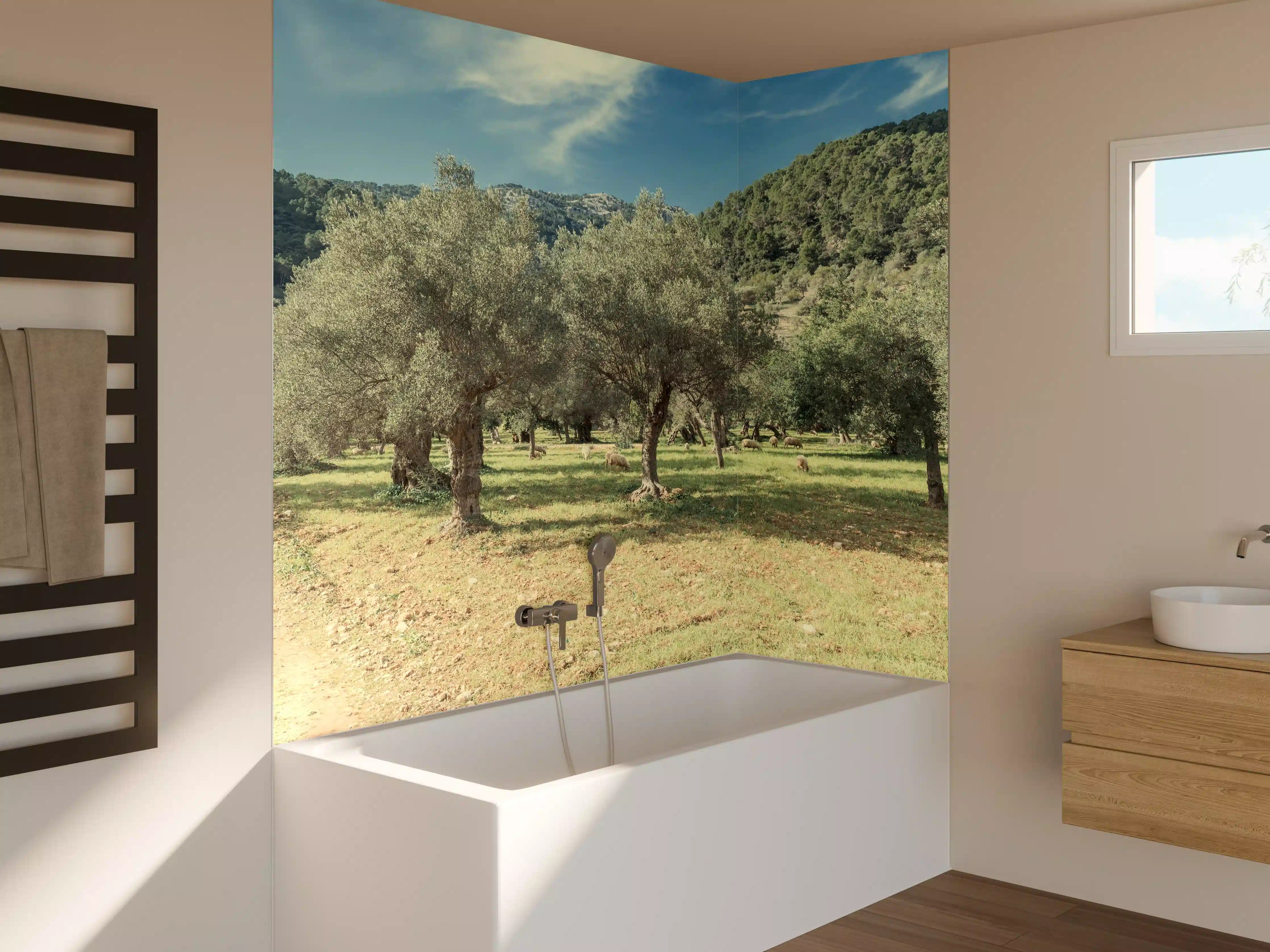 Badewannen-Rückwand - Landschaft mit Olivenbäumen und Bergkulisse
