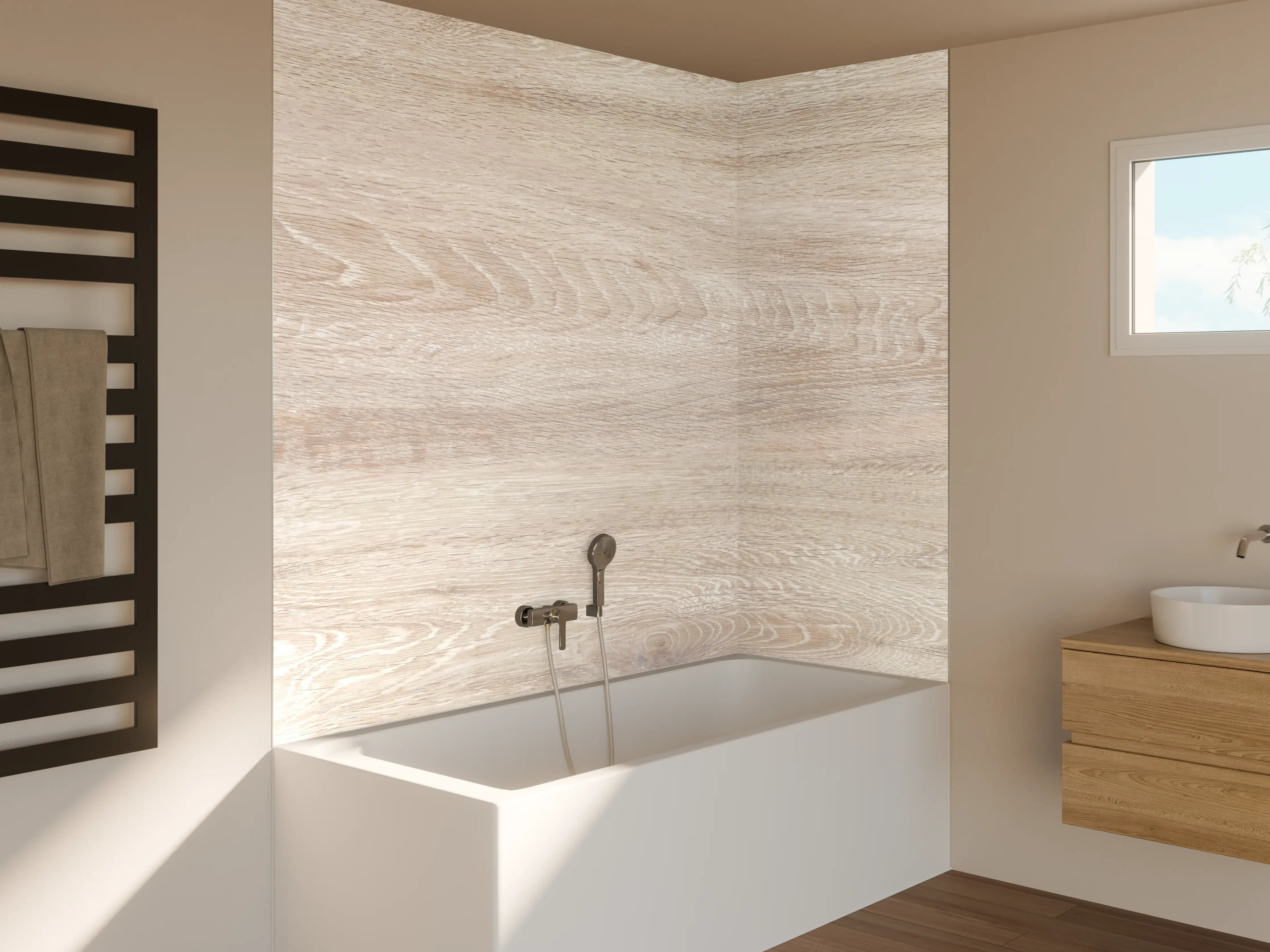Badewannen-Rückwand - Lange beige Holzplatte