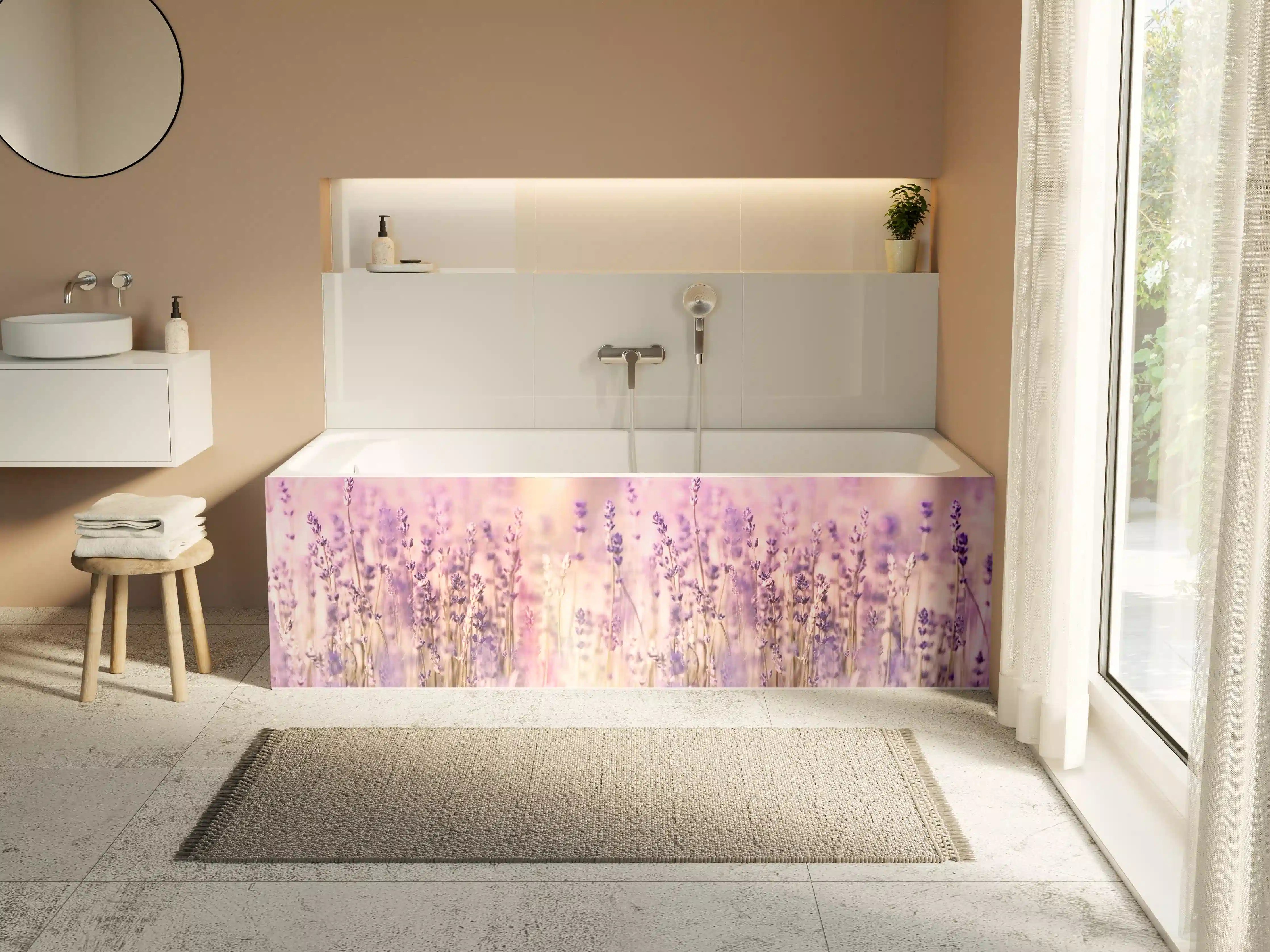 Badewannen-Rückwand - Lavendelfeld Pastell Lila Rosa