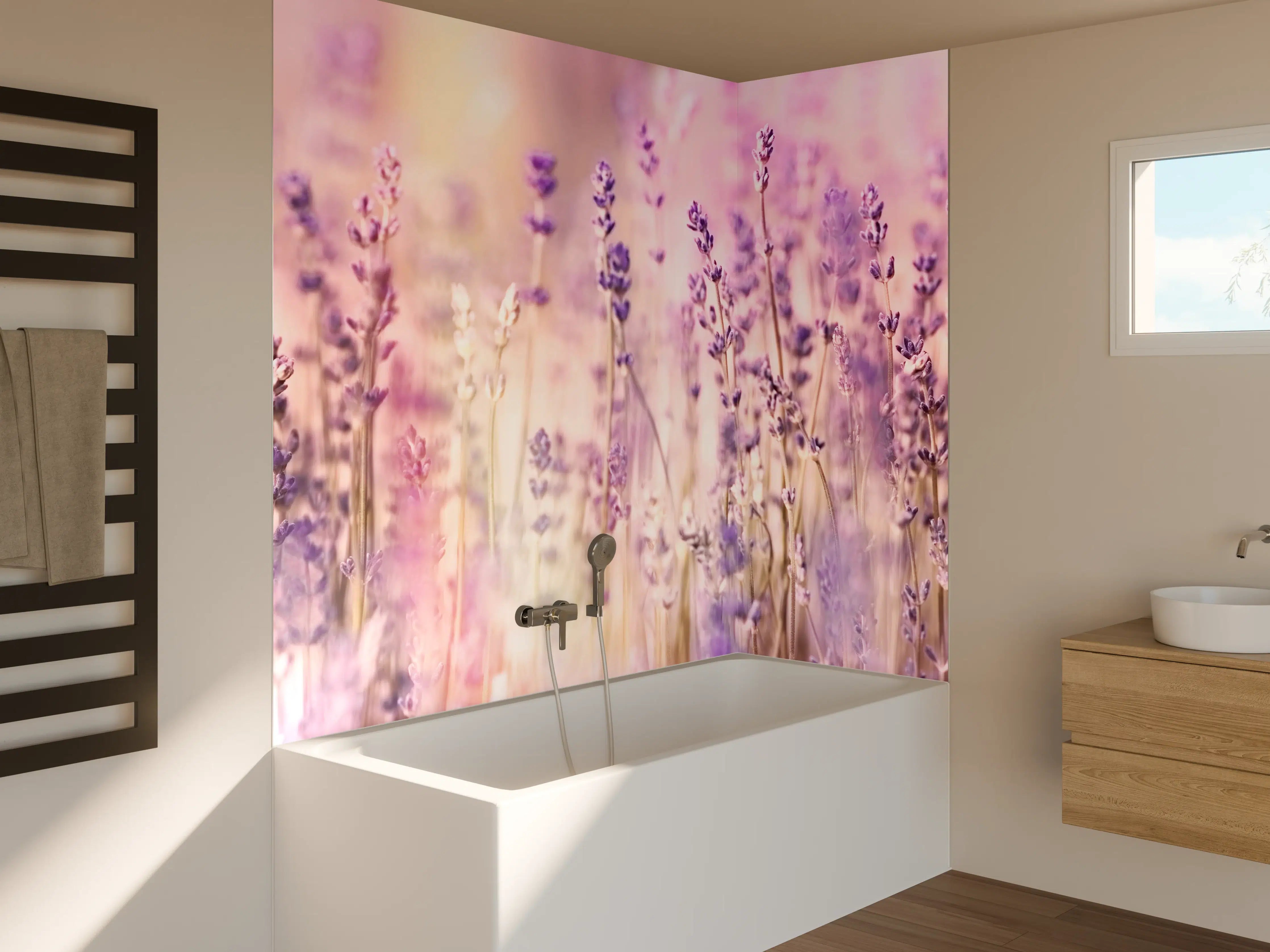 Badewannen-Rückwand - Lavendelfeld Pastell Lila Rosa