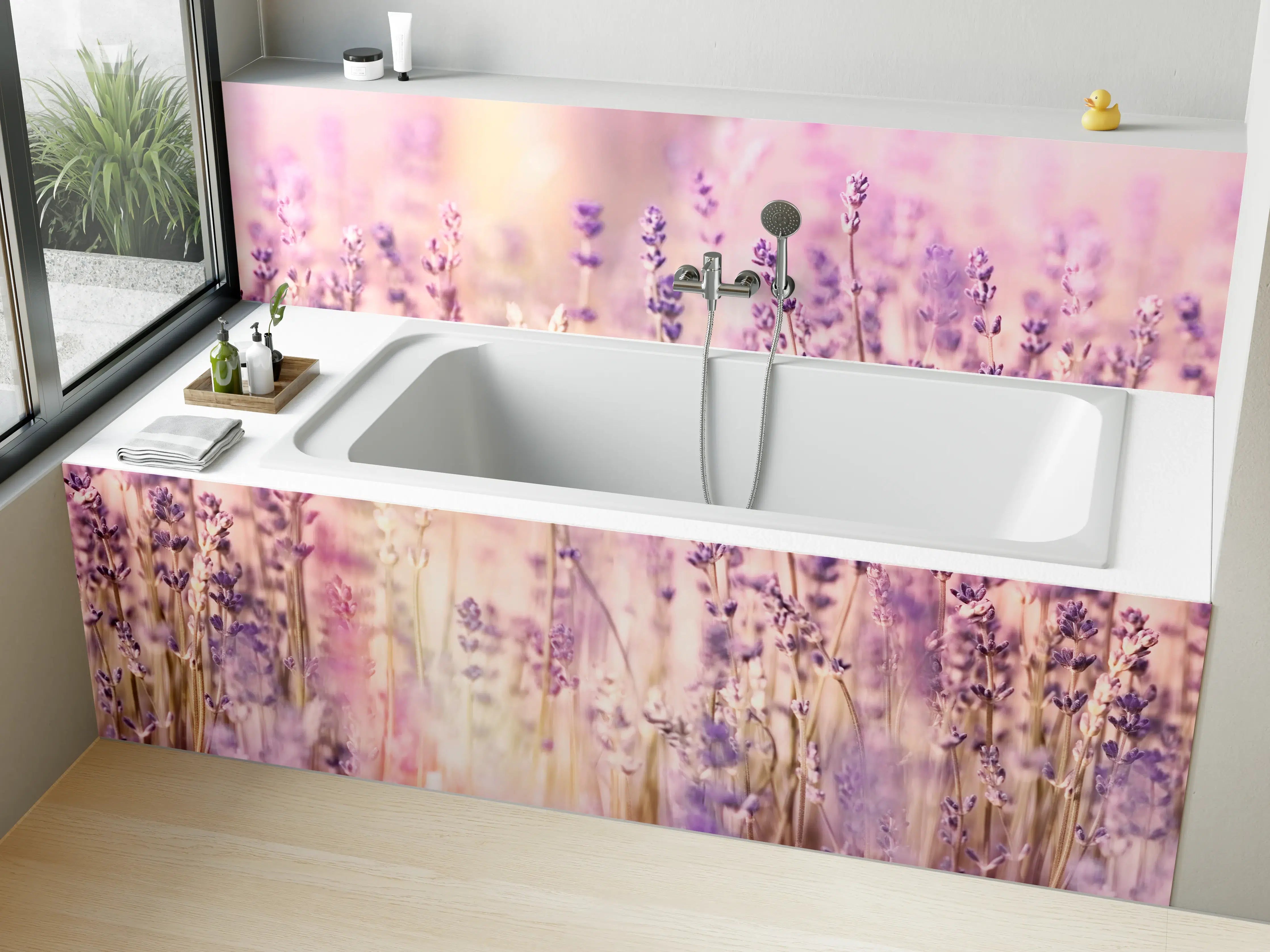 Badewannen-Rückwand - Lavendelfeld Pastell Lila Rosa