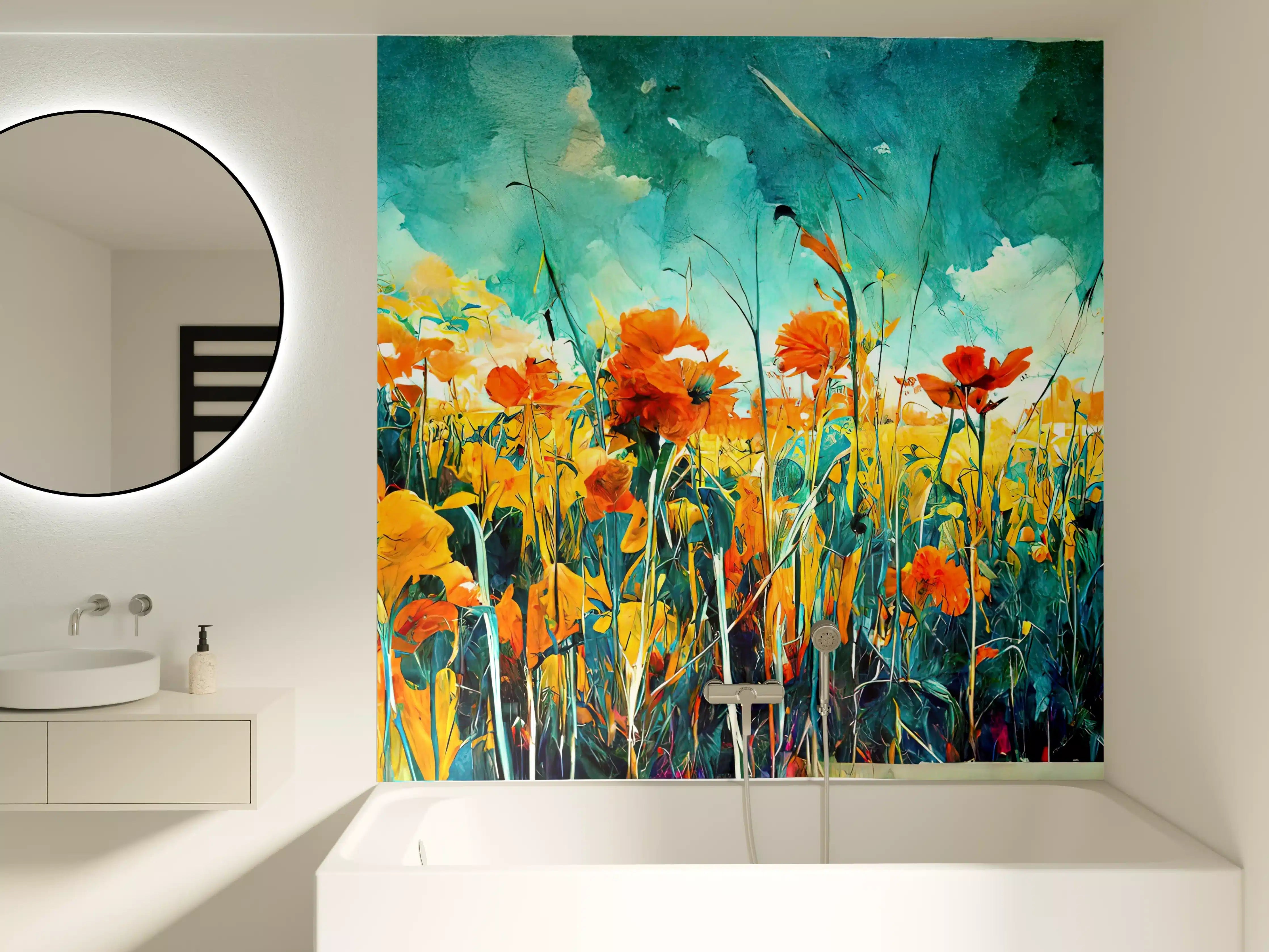 Badewannen-Rückwand - Lebendige Blumenwiese in Aquarelltechnik