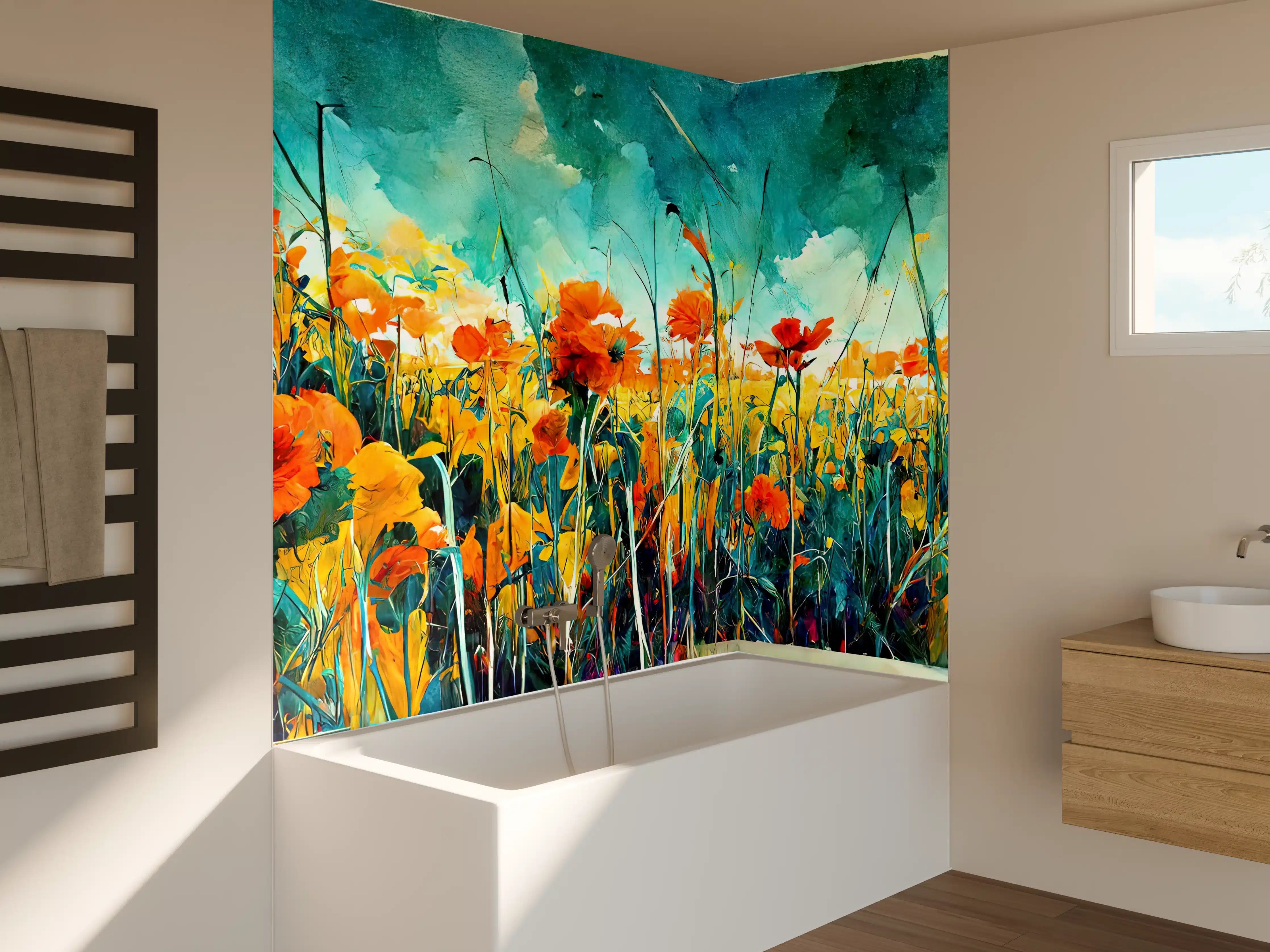 Badewannen-Rückwand - Lebendige Blumenwiese in Aquarelltechnik