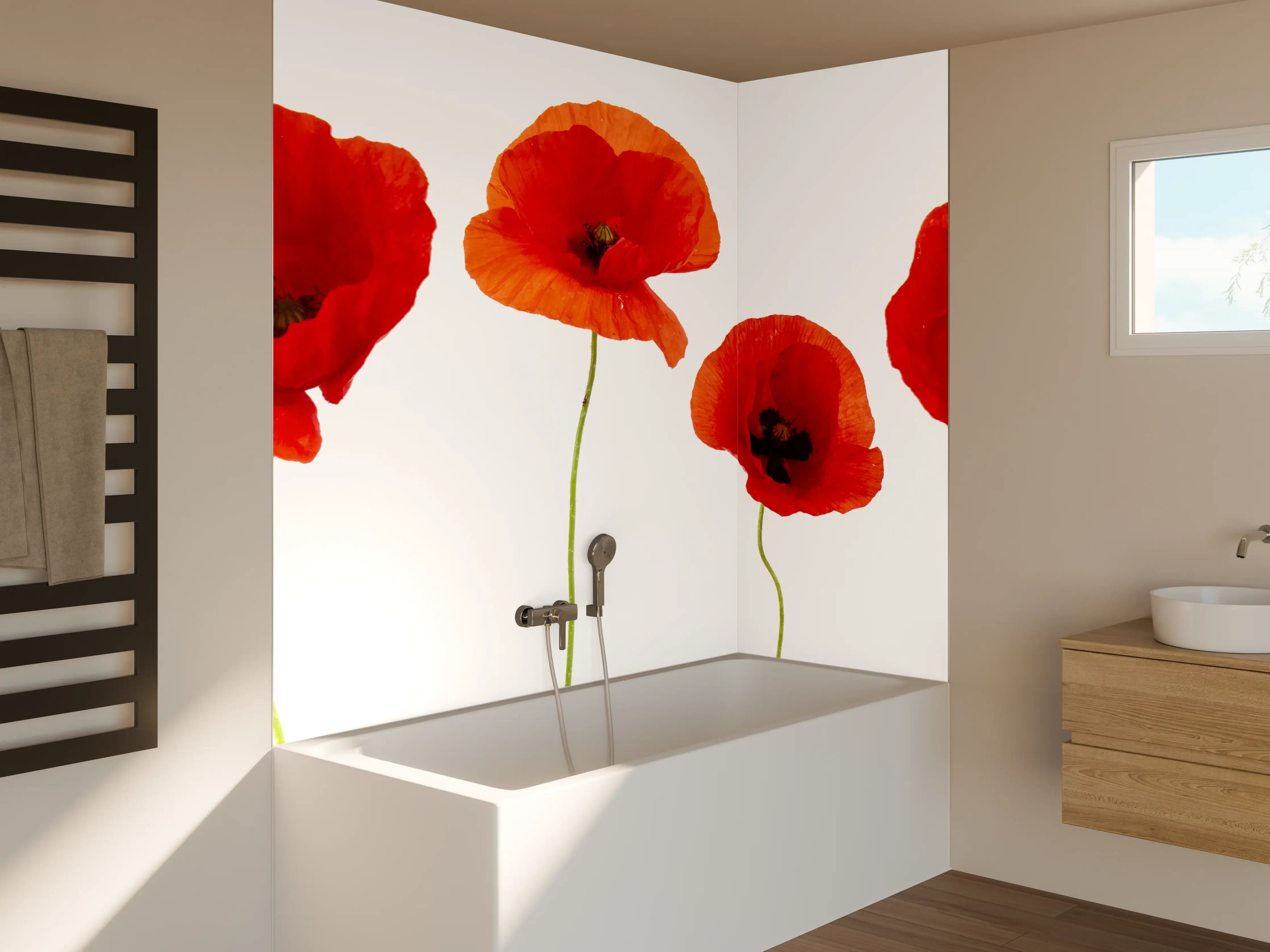 Badewannen-Rückwand - Lebendige Mohnblumen in Rot, Orange und Apricot