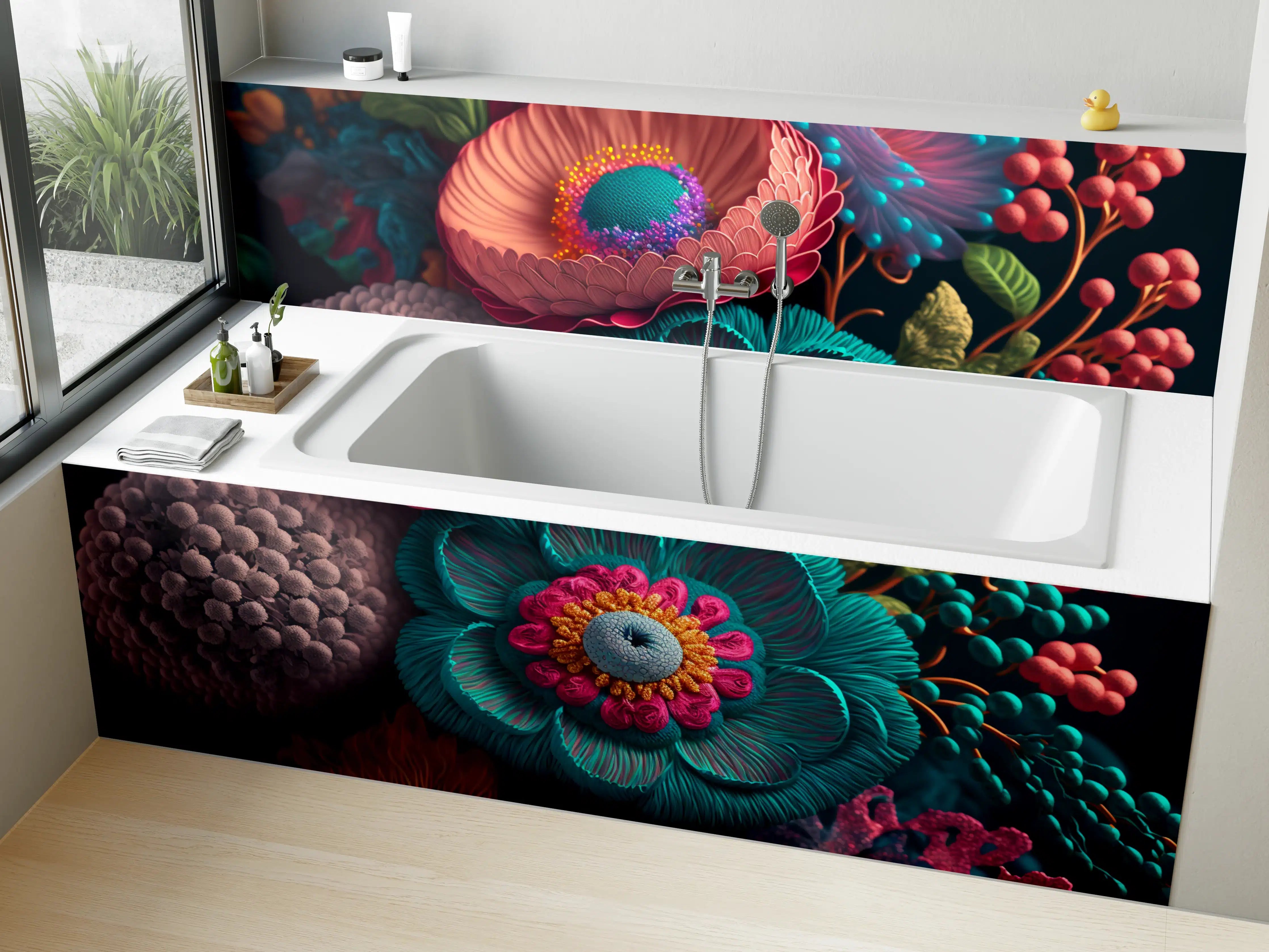 Badewannen-Rückwand - Lebendige, bunte Blumenwelt mit leuchtenden Details