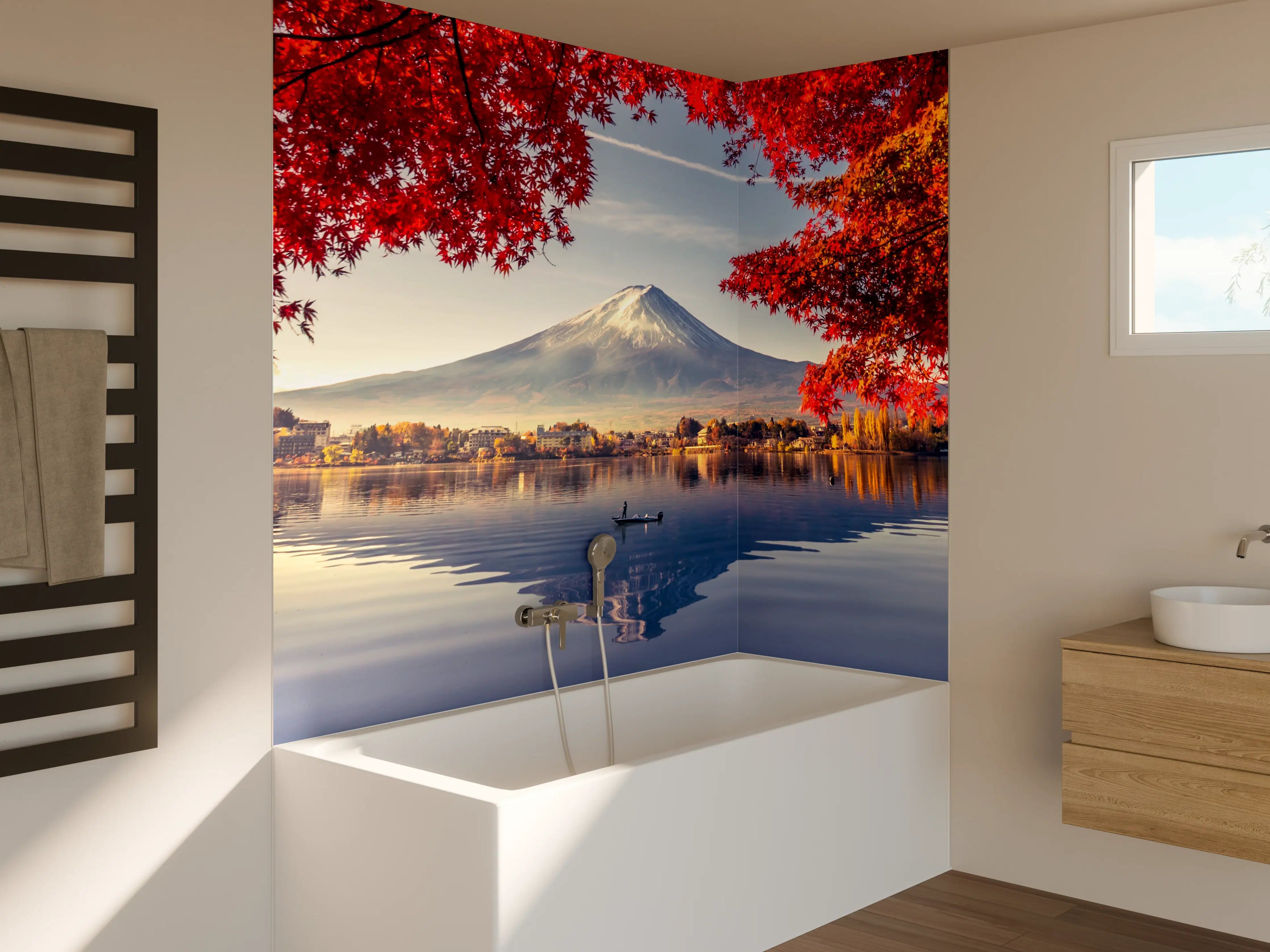 Badewannen-Rückwand - Leuchtende Herbstfarben am Fuji-san