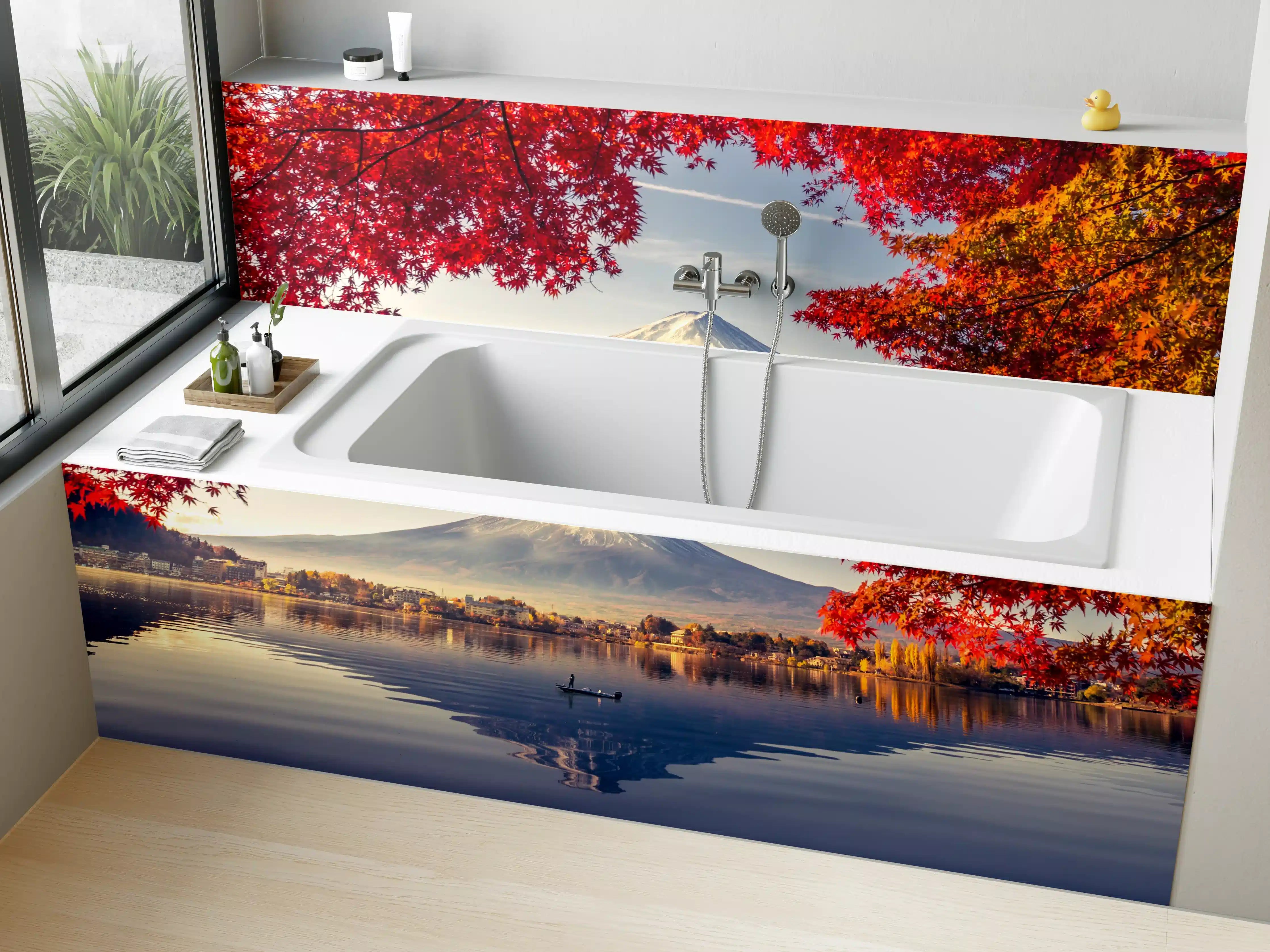 Badewannen-Rückwand - Leuchtende Herbstfarben am Fuji-san
