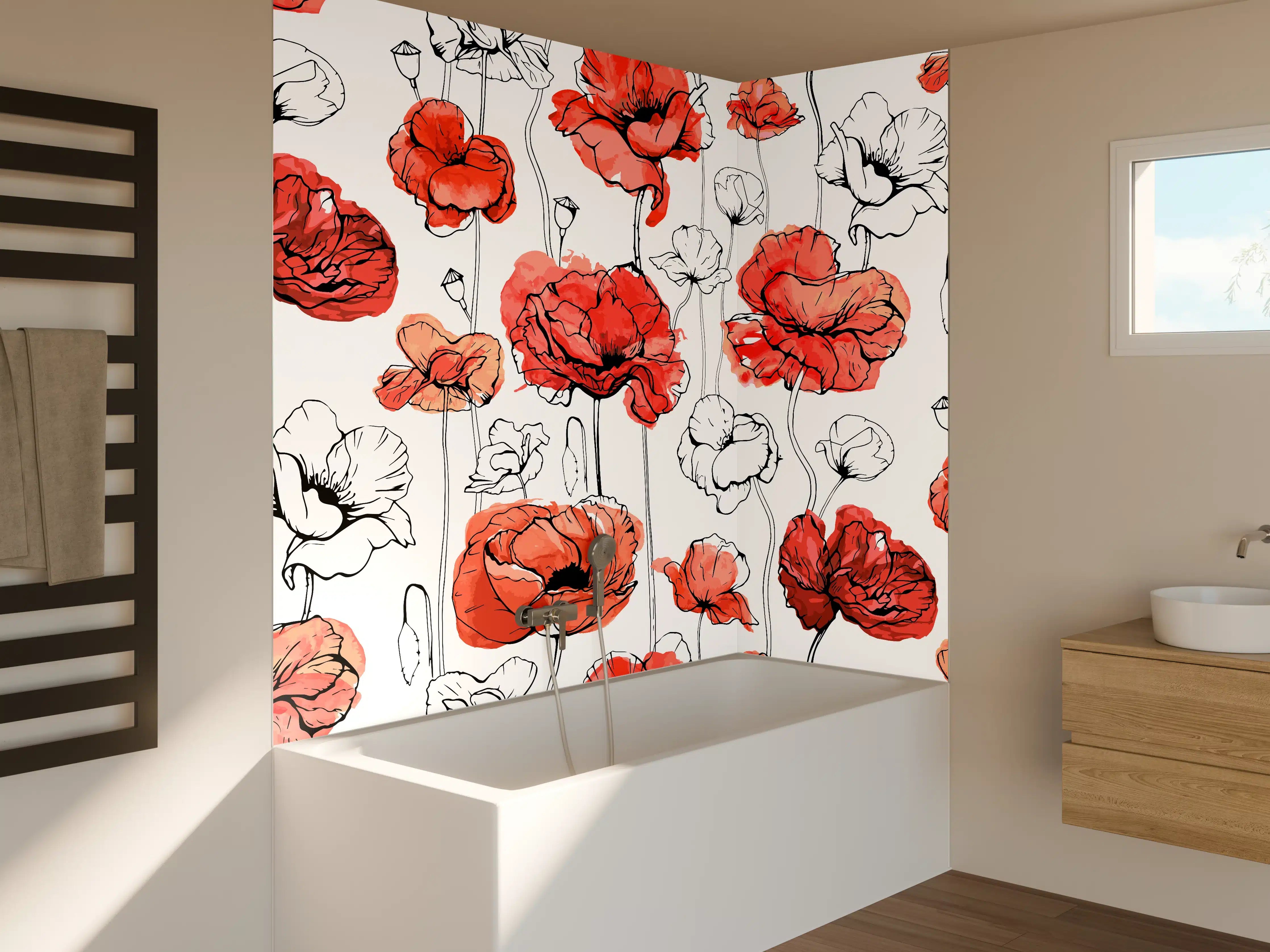 Badewannen-Rückwand - Leuchtende Mohnblumen in Rot und Weiß