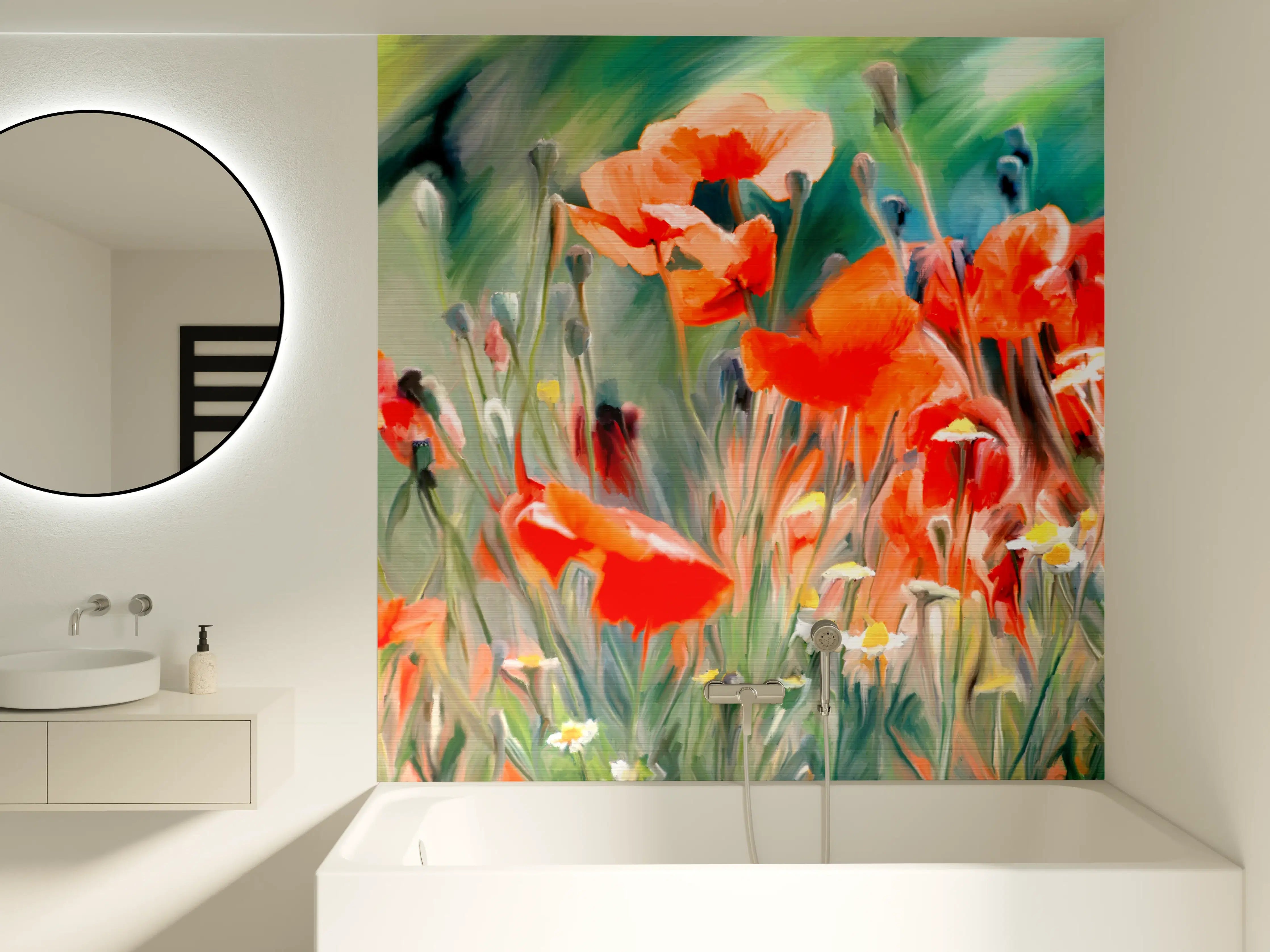 Badewannen-Rückwand - Leuchtende Mohnblumenwiese im Impressionstil