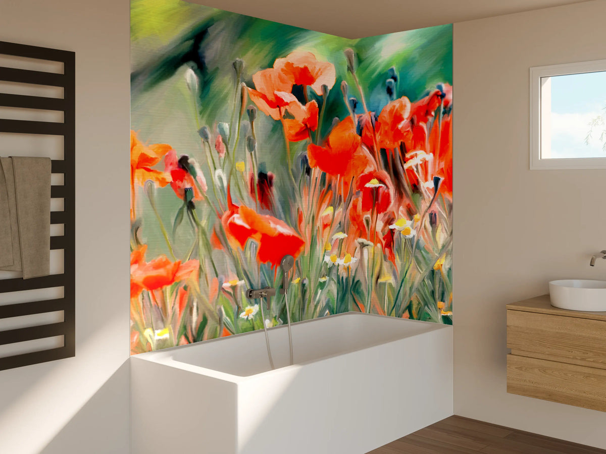 Badewannen-Rückwand - Leuchtende Mohnblumenwiese im Impressionstil