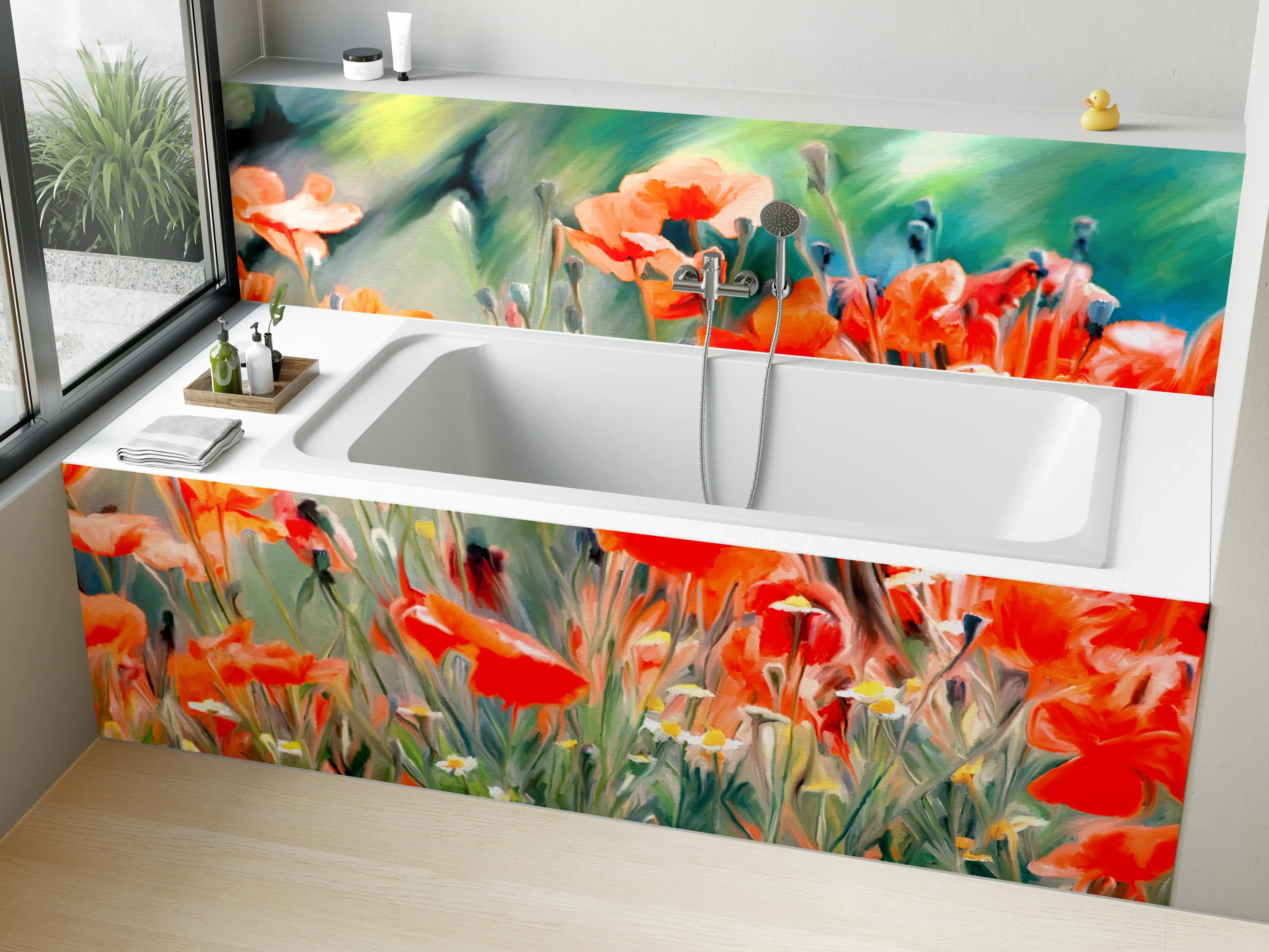 Badewannen-Rückwand - Leuchtende Mohnblumenwiese im Impressionstil