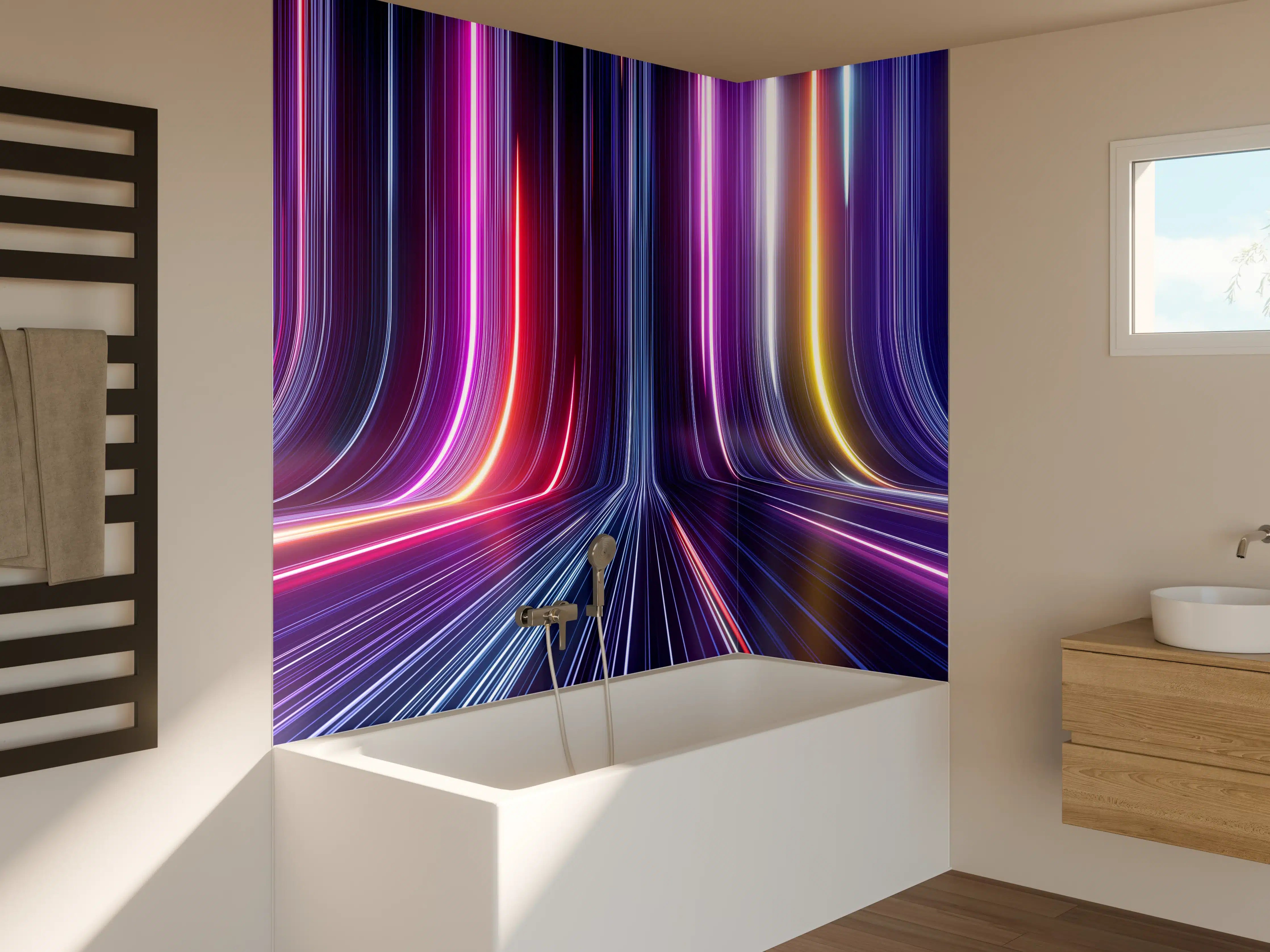 Badewannen-Rückwand - Leuchtende Neon-Lichter in Dunkelheit