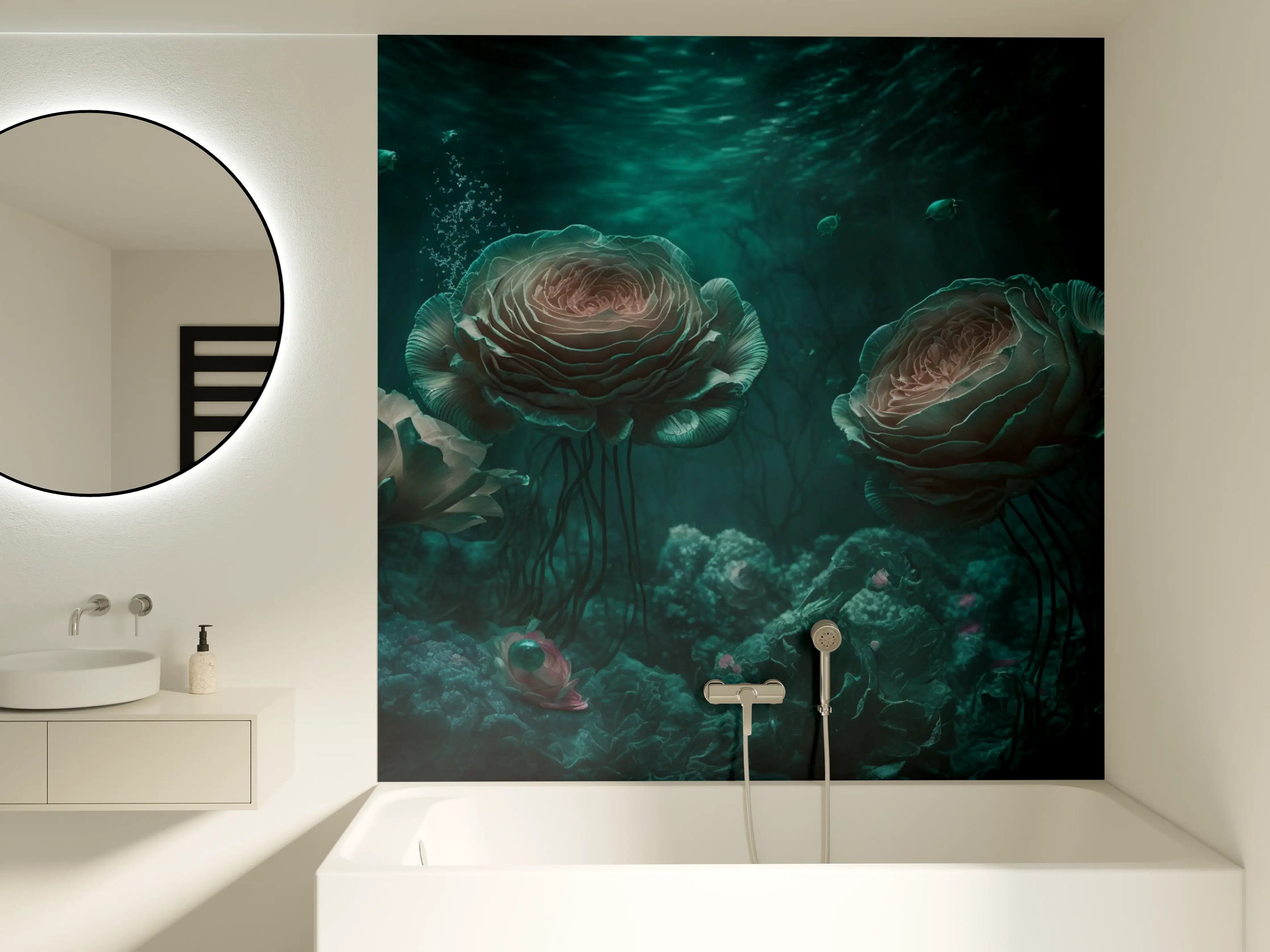 Badewannen-Rückwand - Leuchtende Quallen im Grauwald