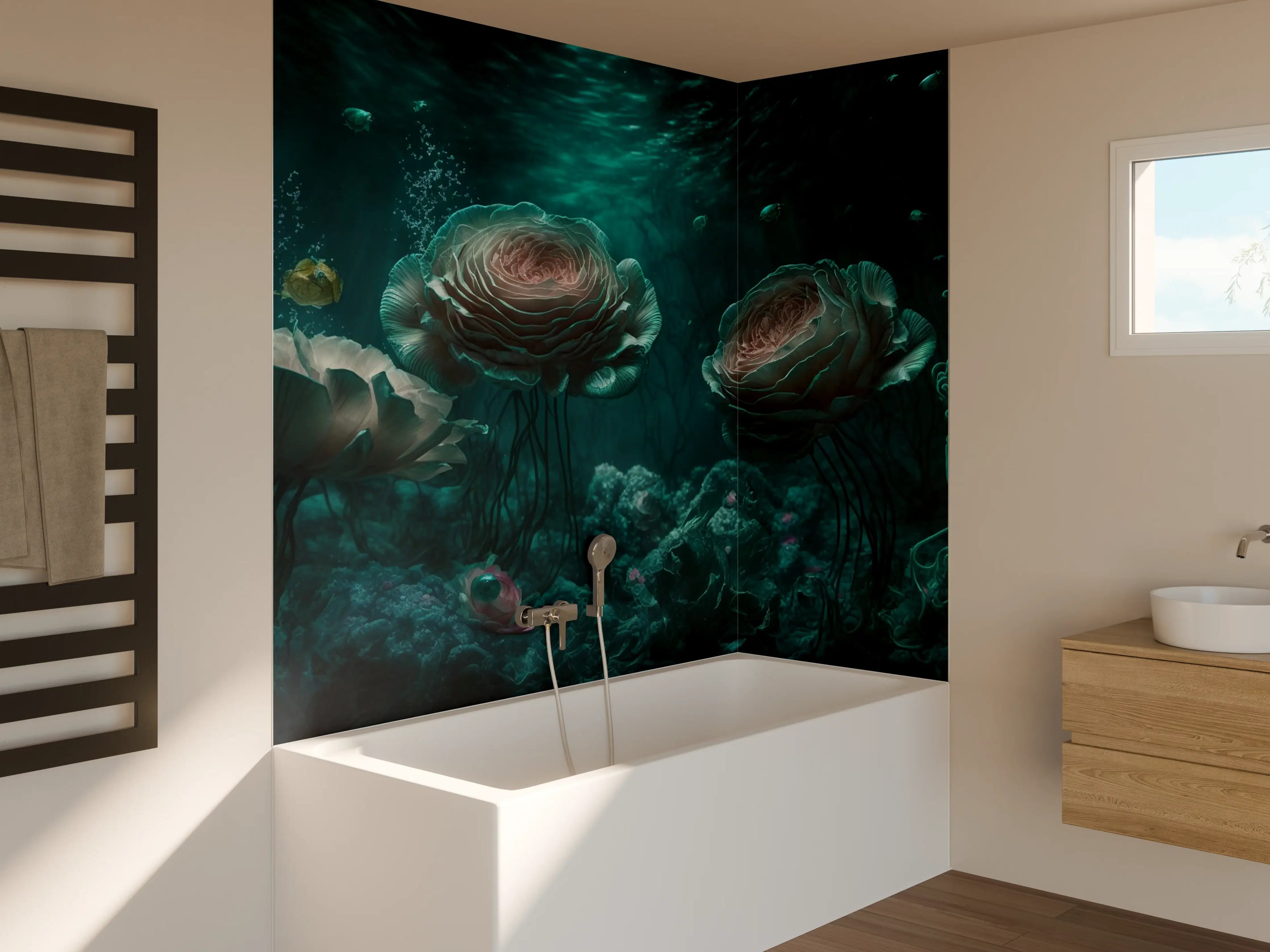 Badewannen-Rückwand - Leuchtende Quallen im Grauwald