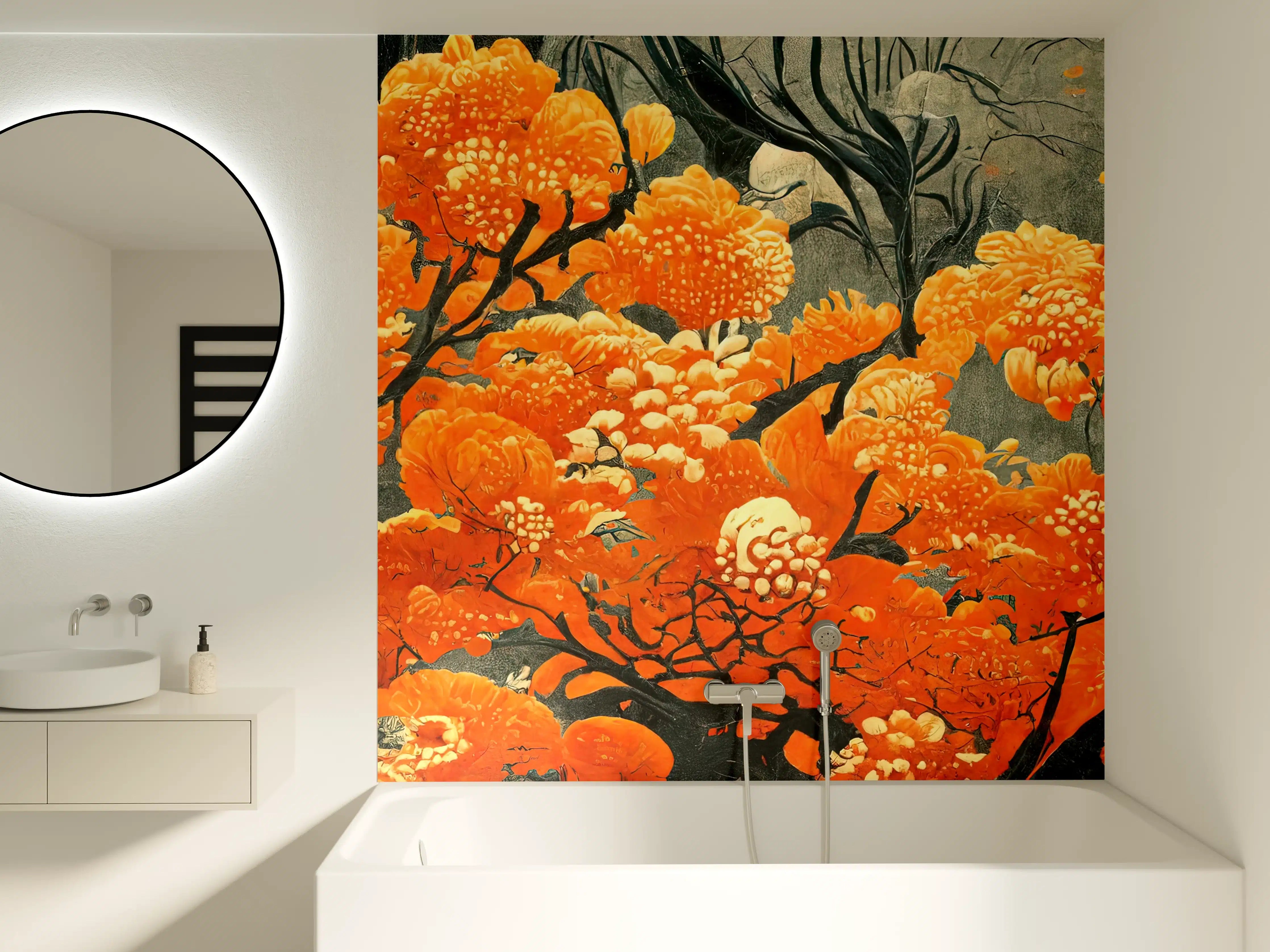 Badewannen-Rückwand - Leuchtende orange Blüten im Kunststil