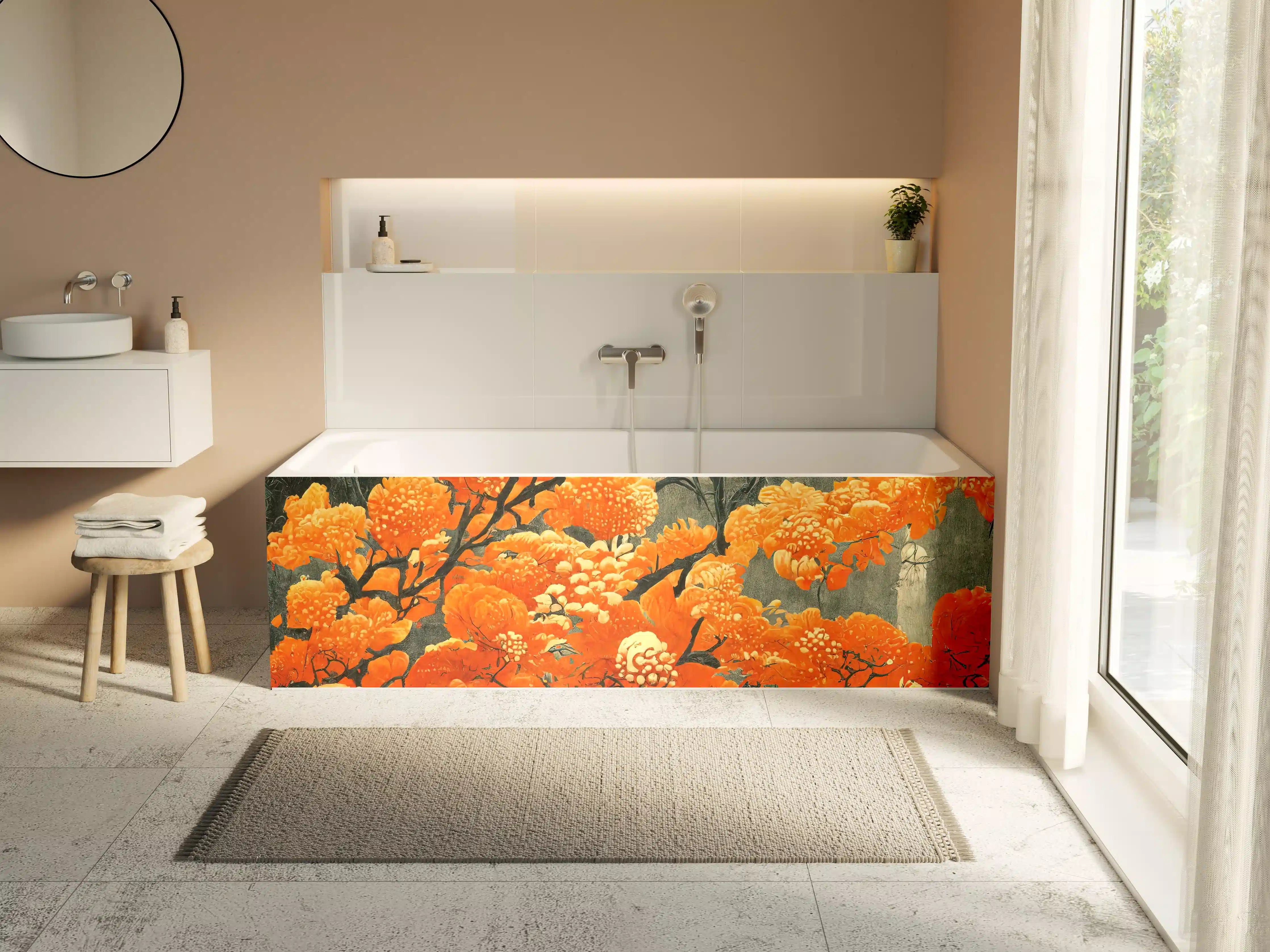 Badewannen-Rückwand - Leuchtende orange Blüten im Kunststil