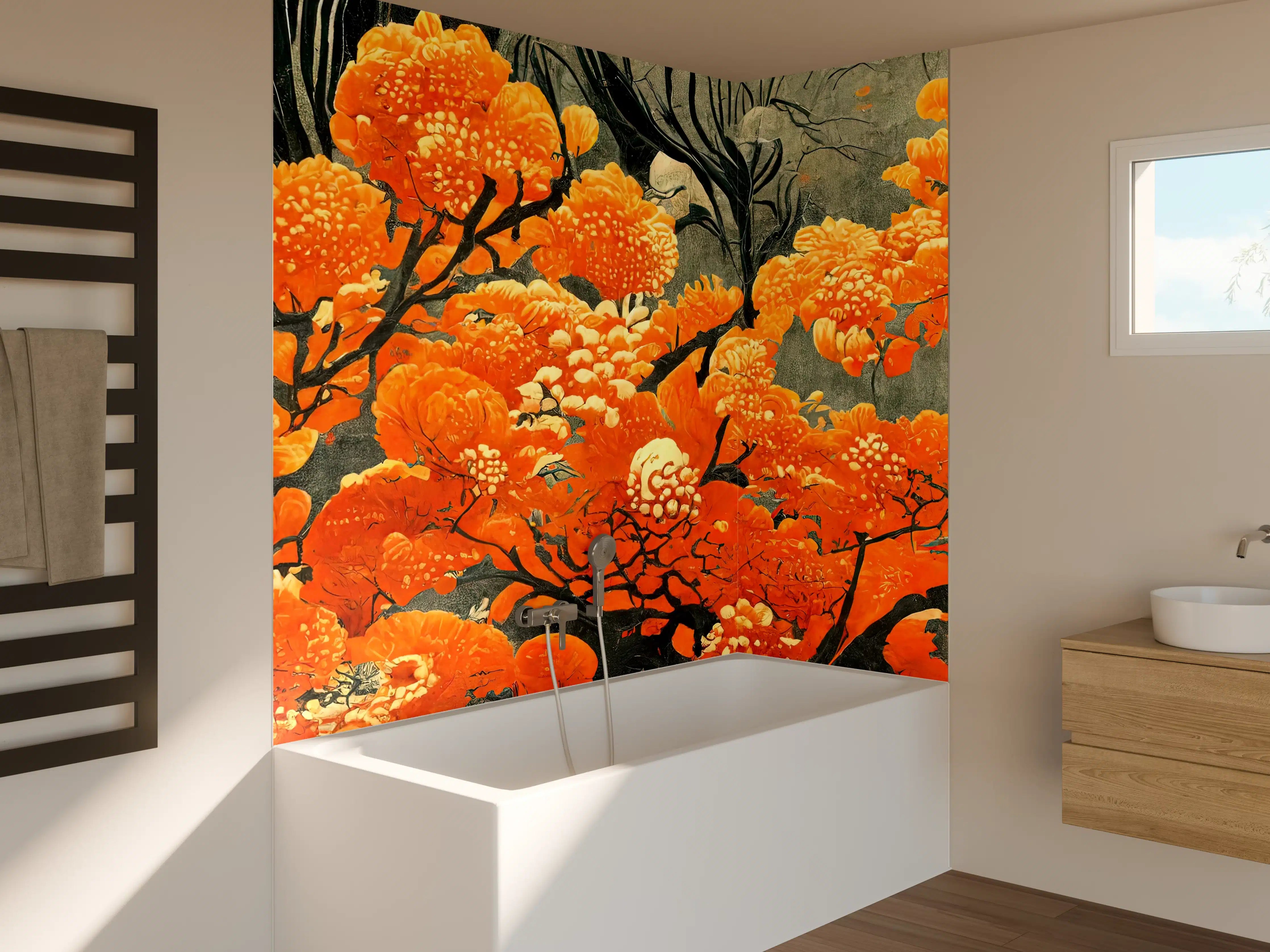 Badewannen-Rückwand - Leuchtende orange Blüten im Kunststil