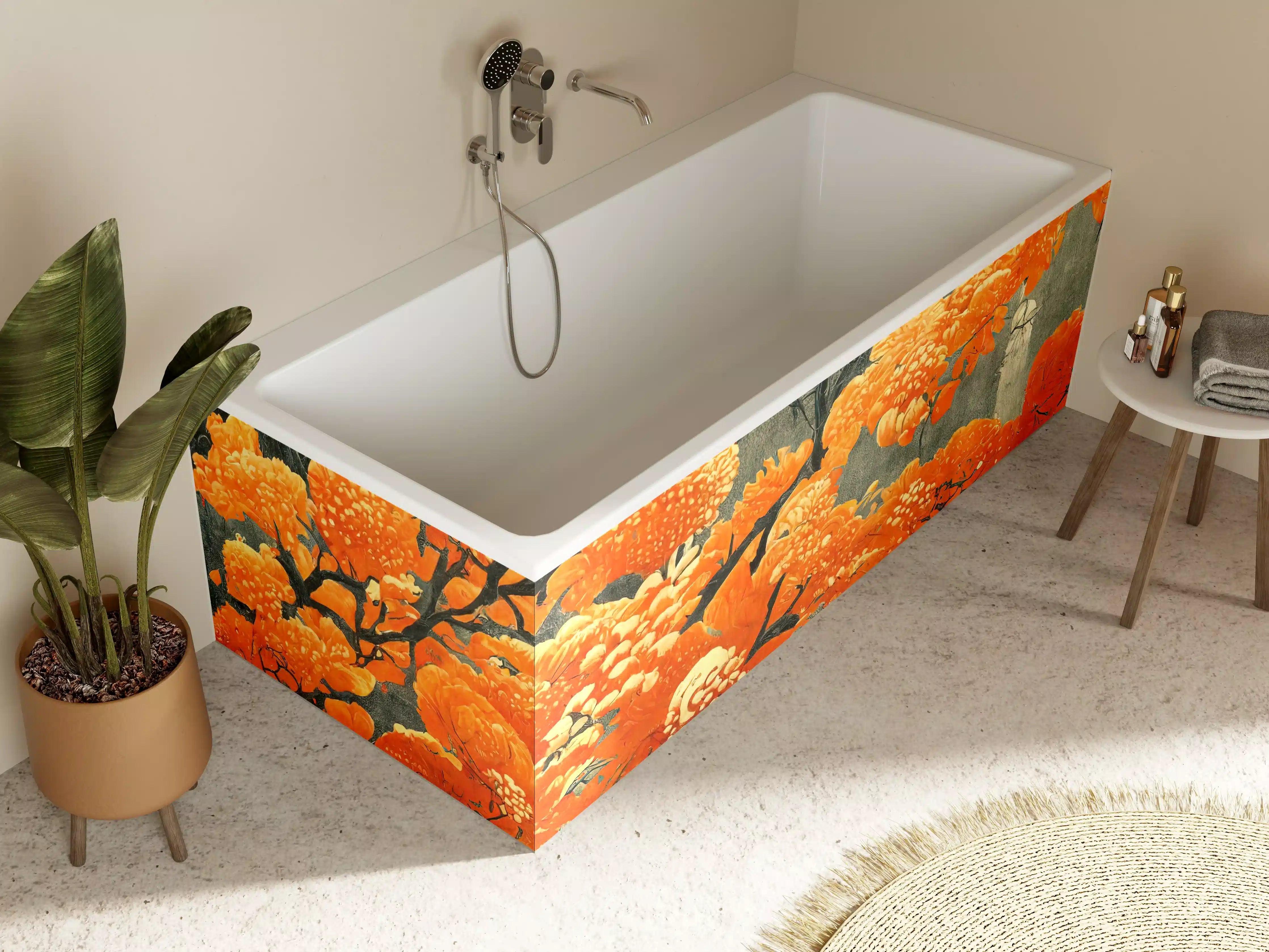 Badewannen-Rückwand - Leuchtende orange Blüten im Kunststil