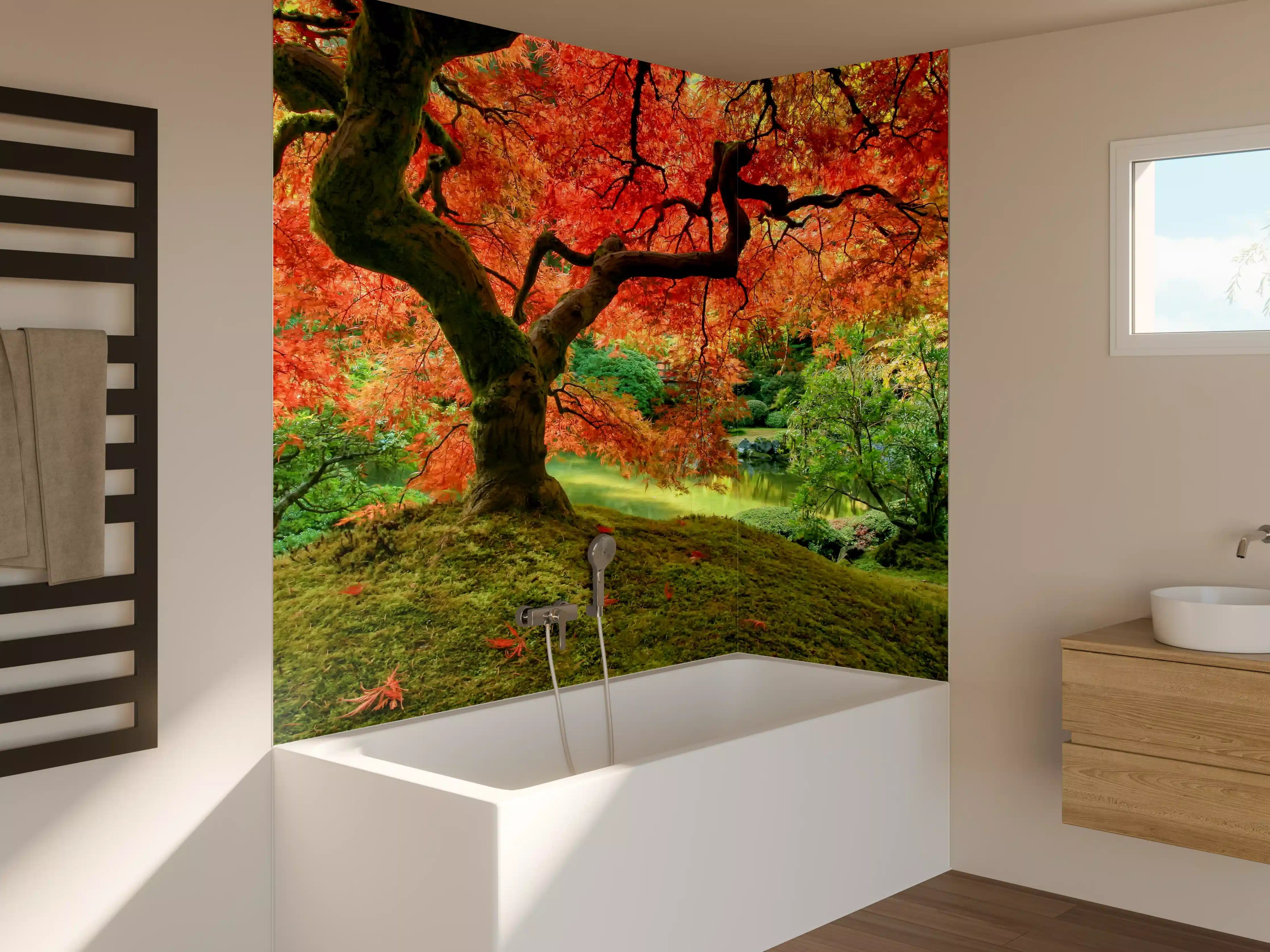 Badewannen-Rückwand - Leuchtender Herbstbaum im Park