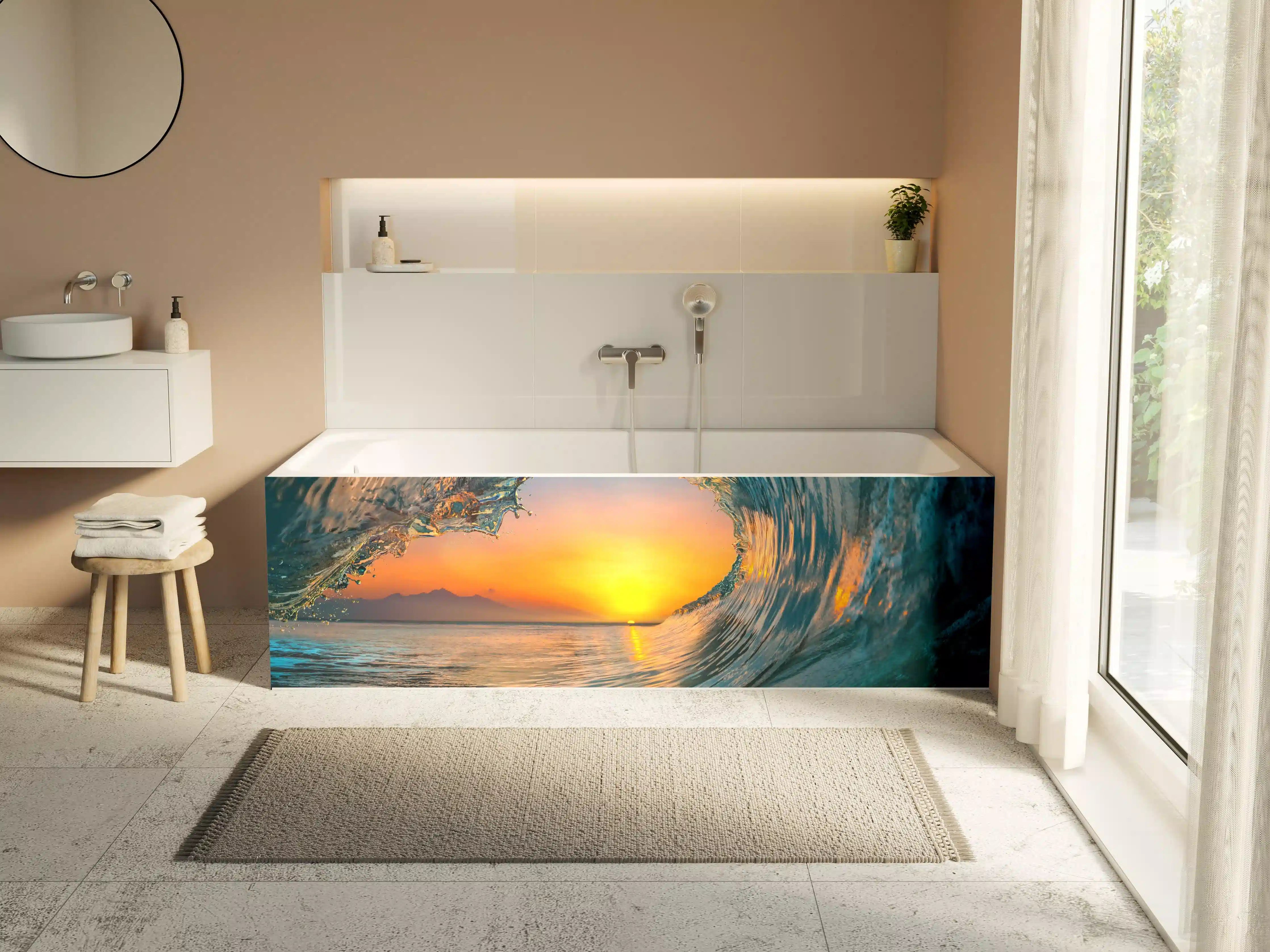 Badewannen-Rückwand - Leuchtender Sonnenuntergang durch Meereswelle
