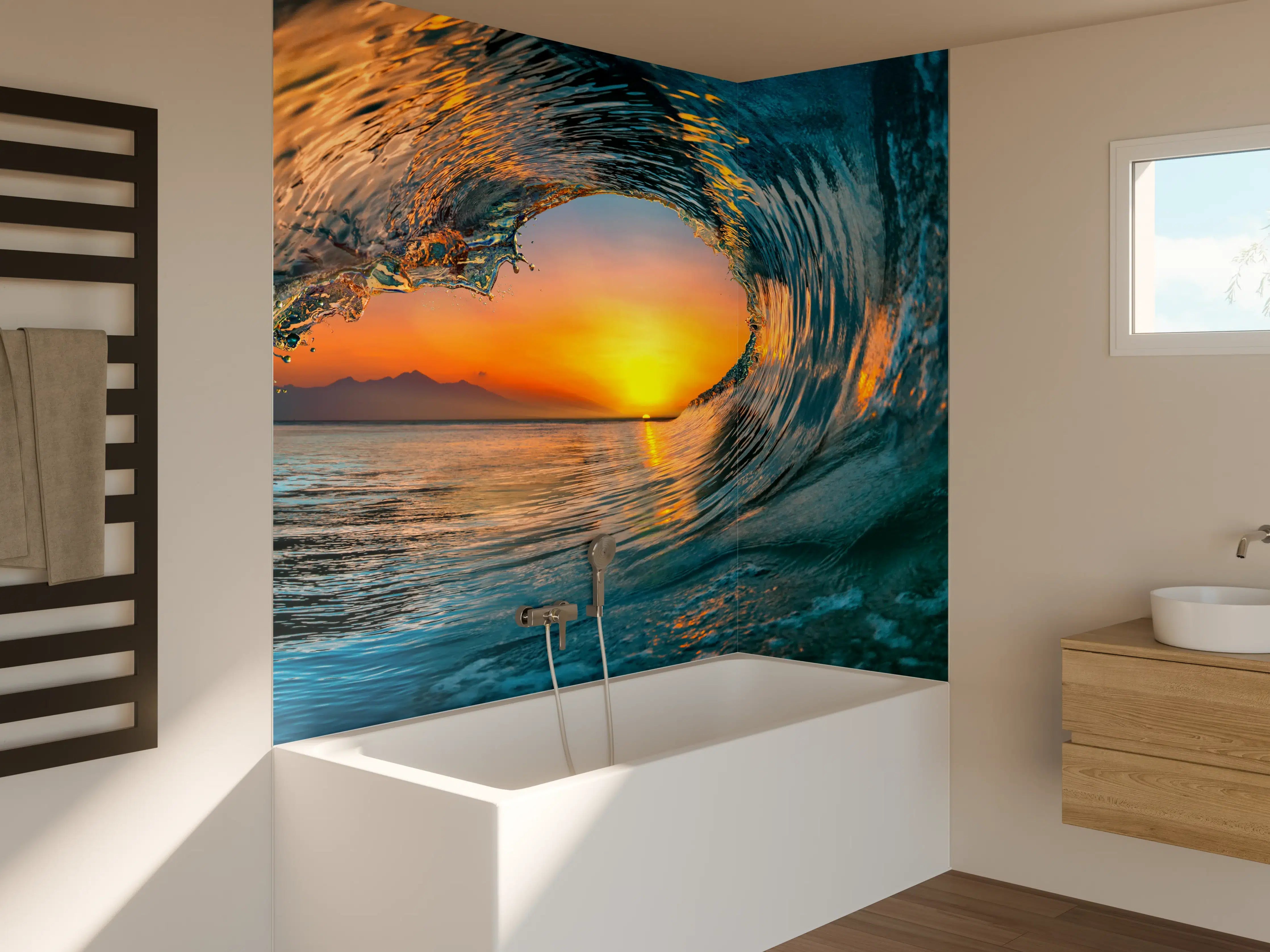 Badewannen-Rückwand - Leuchtender Sonnenuntergang durch Meereswelle