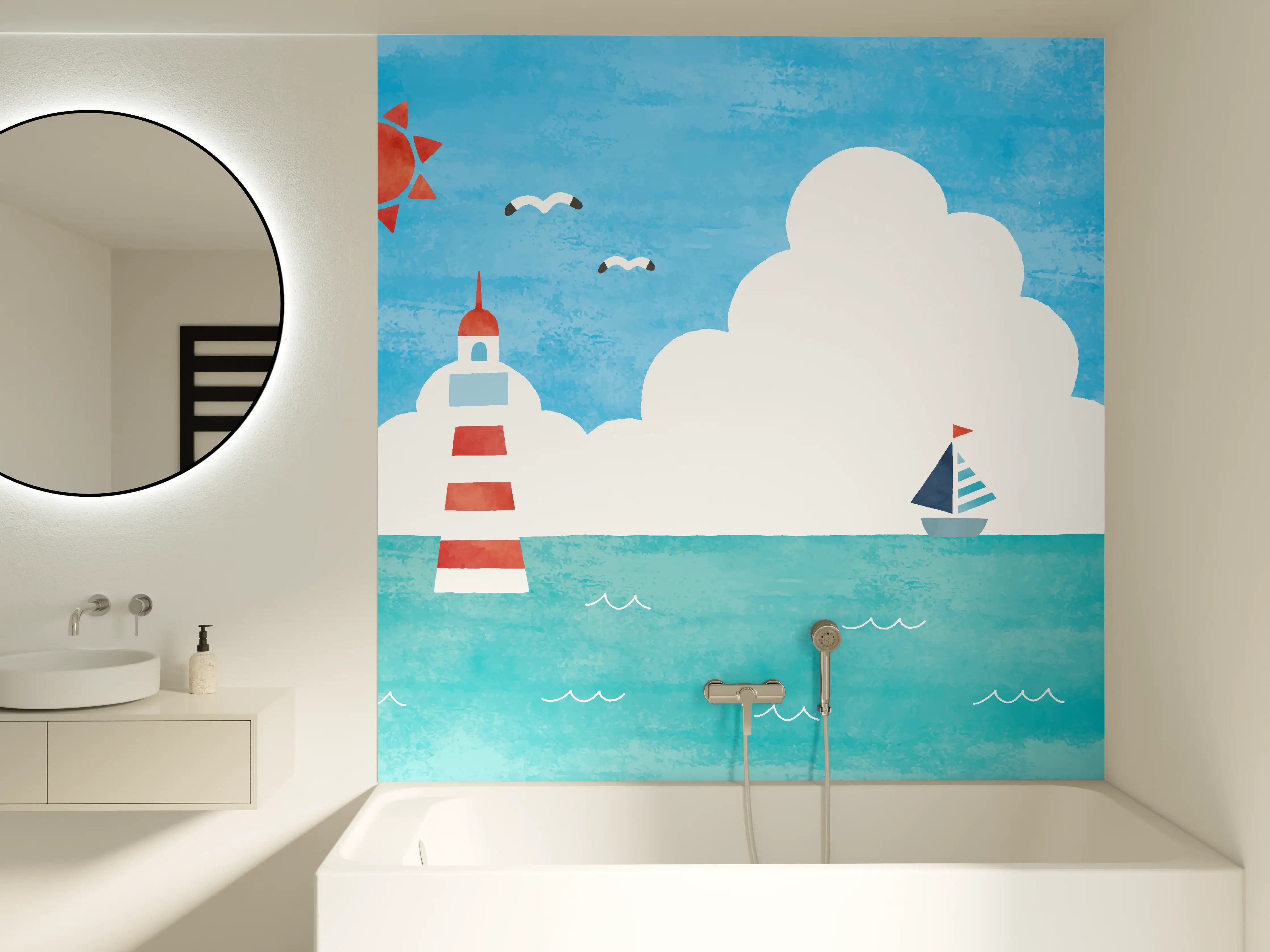 Badewannen-Rückwand - Leuchtturm Aquarell Meer